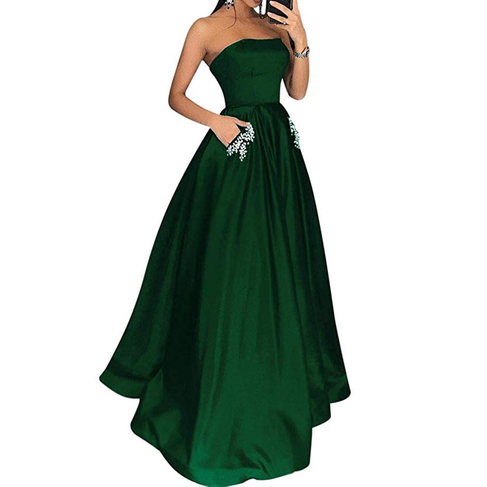 Elegant Strapless Beaded Satin Prom Dress with Pockets - Women's Formal Evening Gown for Homecoming, Wedding & Special Occasions