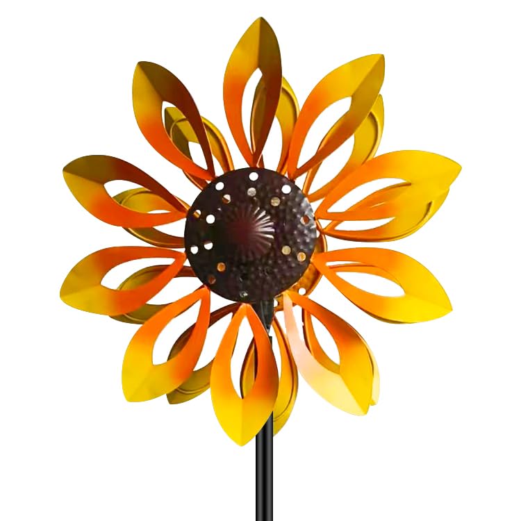 Solar-Powered Dual Direction Wind Spinner - Kinetic Metal Copper Bronze Yard Art for Garden, Lawn & Outdoor Decor | Weather-Resistant Spinning Ornament with LED Lights for Patio, Backyard & Landscape Decoration
