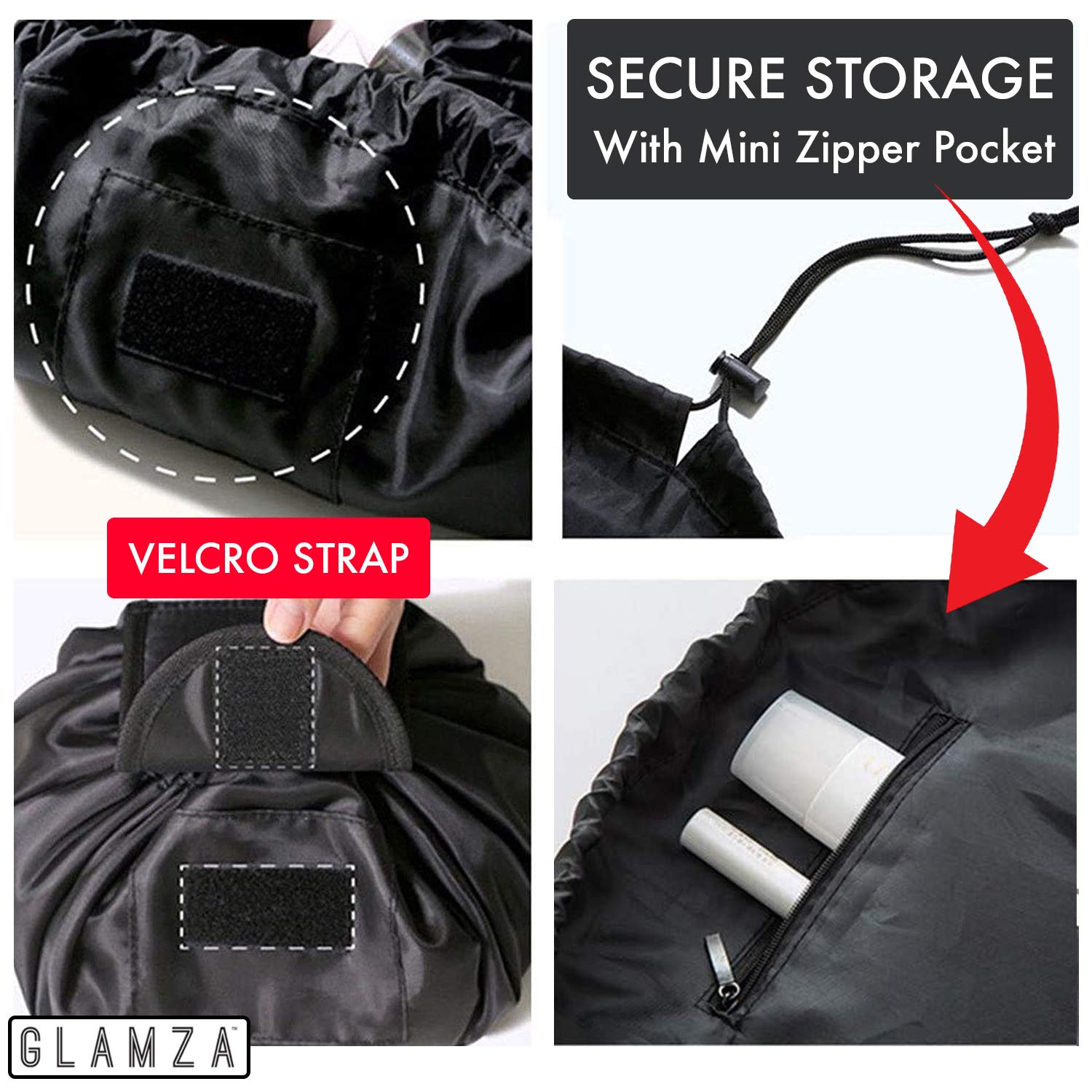 GLAMZA Drawstring Makeup Bag - Convertible Flat to Structured Travel Cosmetic Pouch with LED Mirror | Black Makeup Organizer for Women & Girls | Perfect for Travel, Gym & Daily Beauty Storage