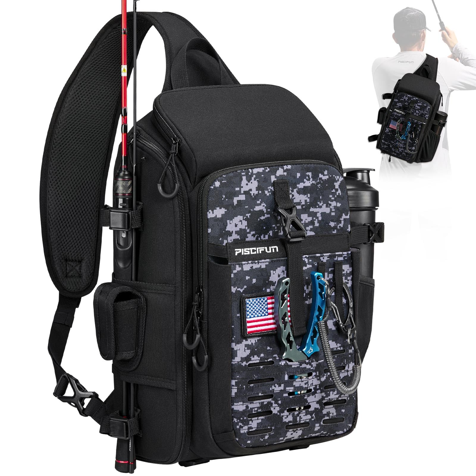 **Piscifun Fishing Sling Tackle Bag with Rod Holder & Gear Storage - Lightweight Waterproof Sling Pack with Rain Cover - Perfect for Outdoor Fishing, Hiking & Travel - Black & Camouflage**