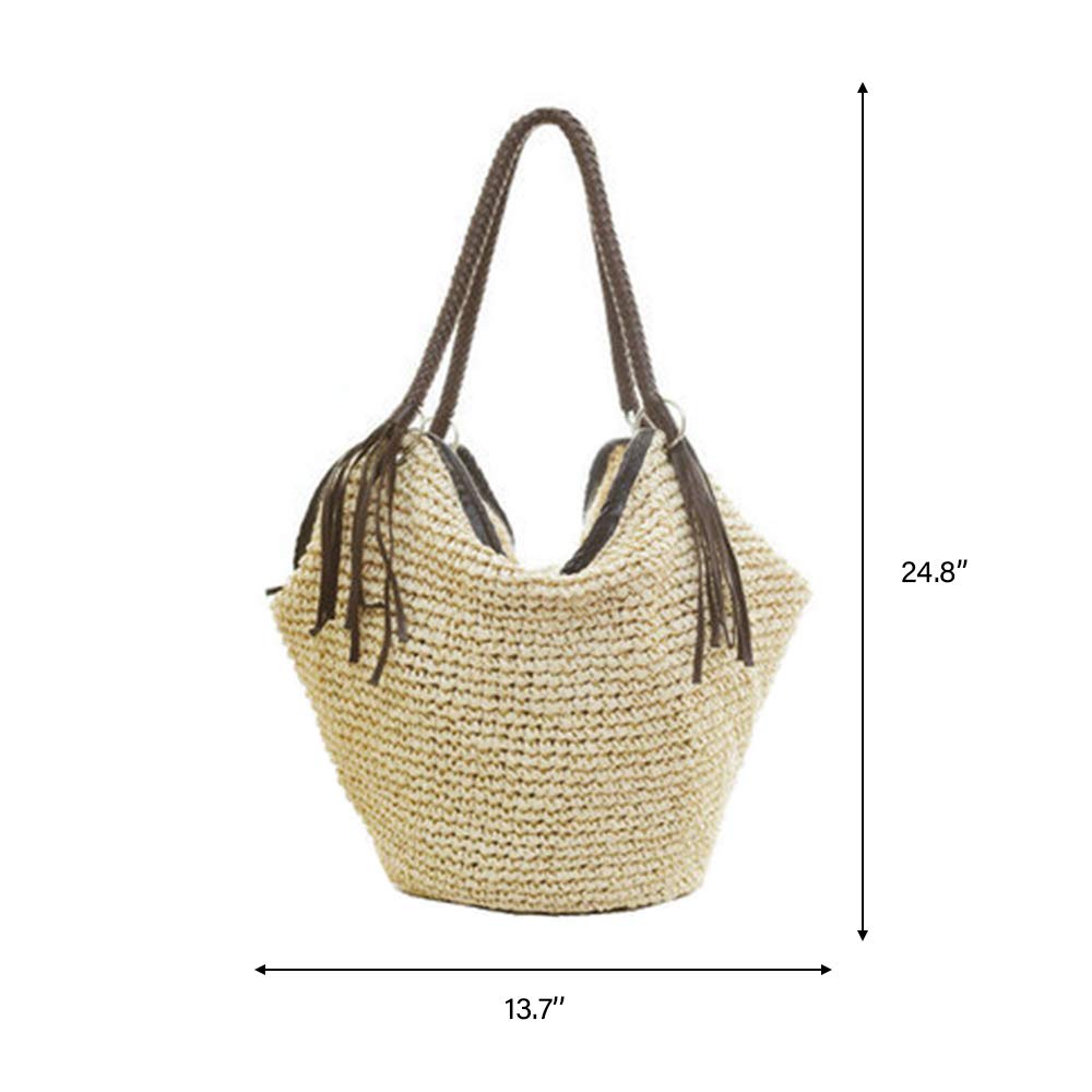 Soft Large Straw Shoulder Bag with Brown Leather Tassels - Boho Leather Handle Tote - Retro Summer Beach Bag - Rattan Handbag for Women (Beige) | Perfect for Beach Vacations, Picnics, and Boho Fashion Outfits