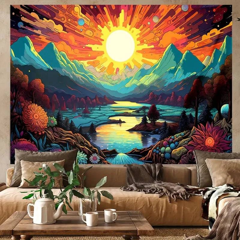 Sun Mountain Official Glow in The Dark UV Tapestry Wall Art - Psychedelic Blacklight Decor for Bedroom, Dorm & Music Festival