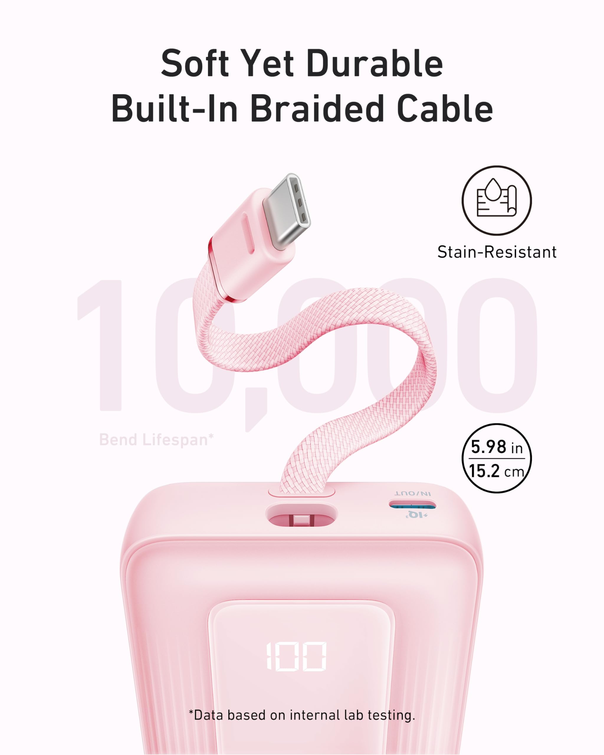 Anker 20K Power Bank with 30W Fast Charging & Built-in USB-C Cable - Portable Charger for iPhone, Android, Travel, Camping (UN Black & Pink)