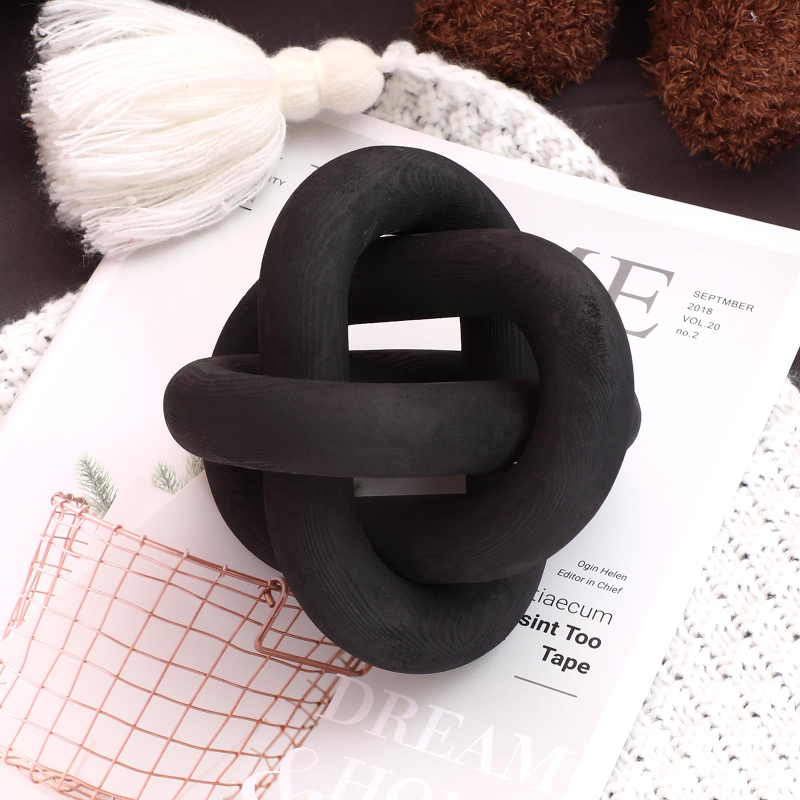 Hand Carved Wood Knot Decor - 3 Link Boho Coffee Table & Shelf Decoration, Rustic Home Decor for Living Room, Bedroom, Office (Black) | Perfect for Farmhouse, Bohemian & Modern Interior Design