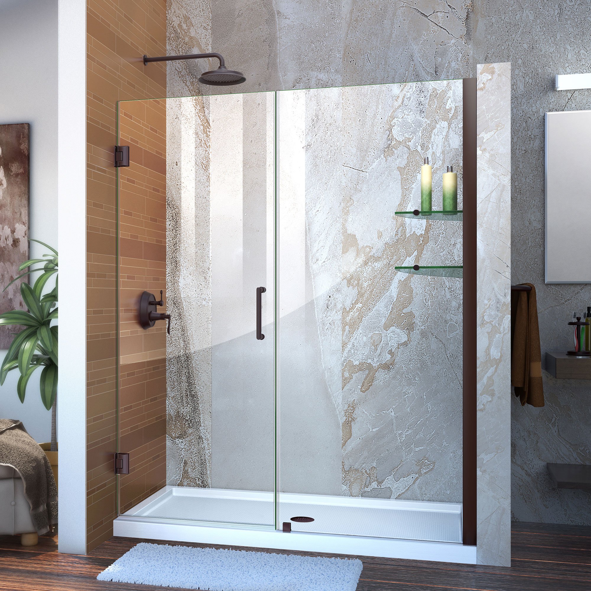 DreamLine Unidoor 57-58 Inch W x 72 Inch H Frameless Hinged Shower Door with Shelves in Oil Rubbed Bronze - Perfect for Modern Bathroom Renovations and Spa-Like Shower Experiences