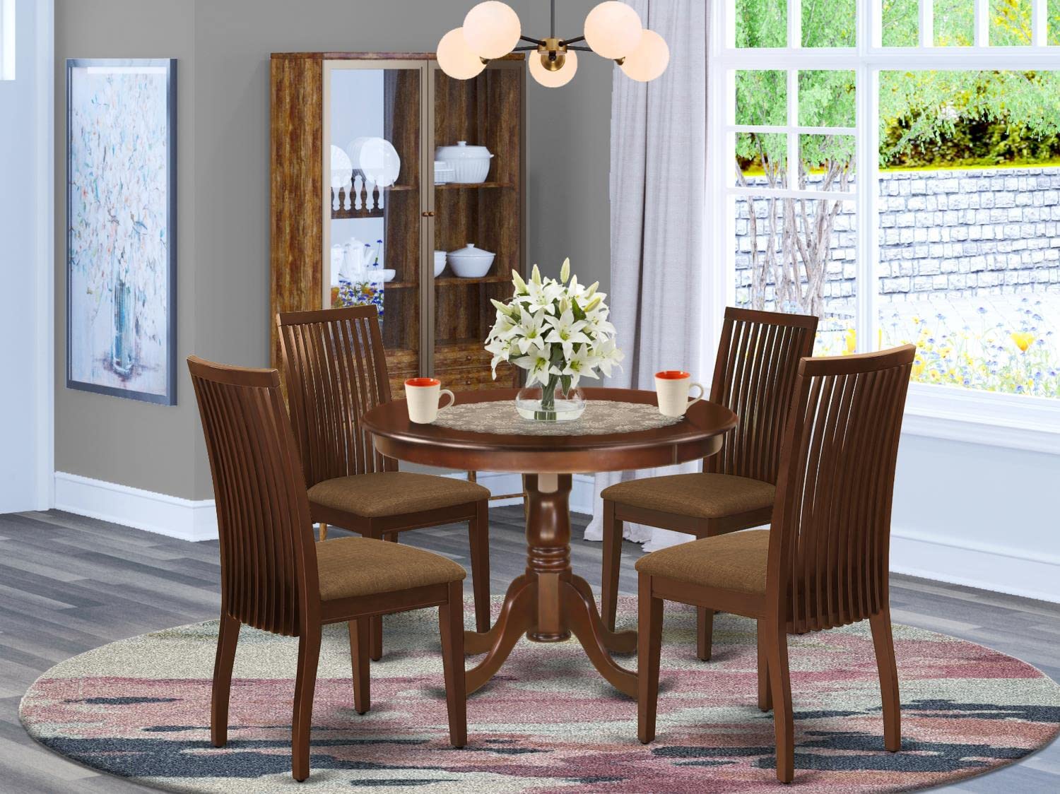 East West Furniture HLIP5-MAH-C 5-Piece Round Dining Table Set with 4 Fabric Chairs - 42 Inch Pedestal Table for Kitchen, Breakfast Nook or Small Space - Mahogany Finish Dinette Set for 4 People - Perfect for Family Meals, Entertaining Guests & Compact Dining Areas