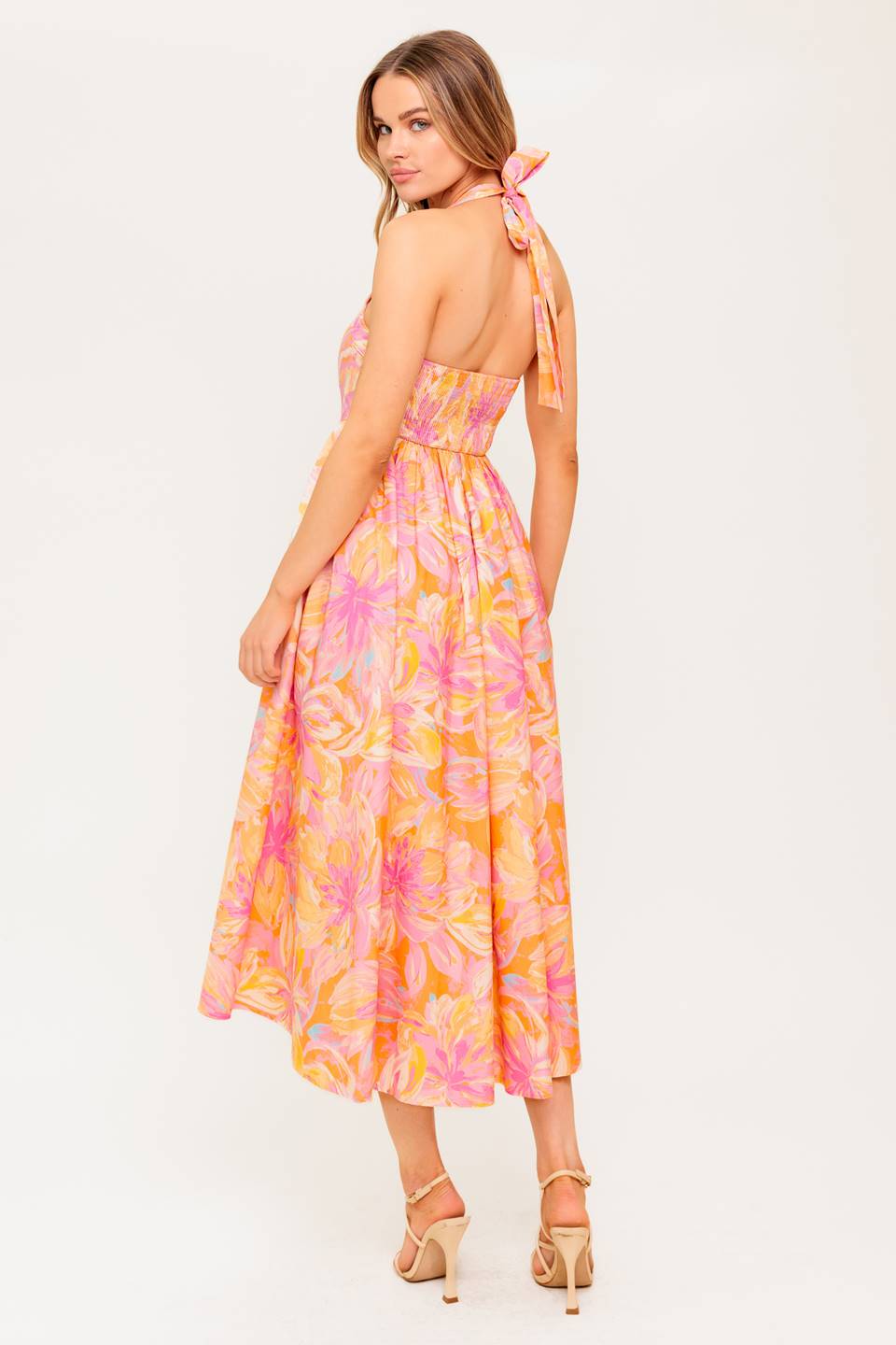 Morning Sun Halter Tie Midi Dress in Coral - Perfect for Summer Beach Vacations, Pool Parties & Casual Outings
