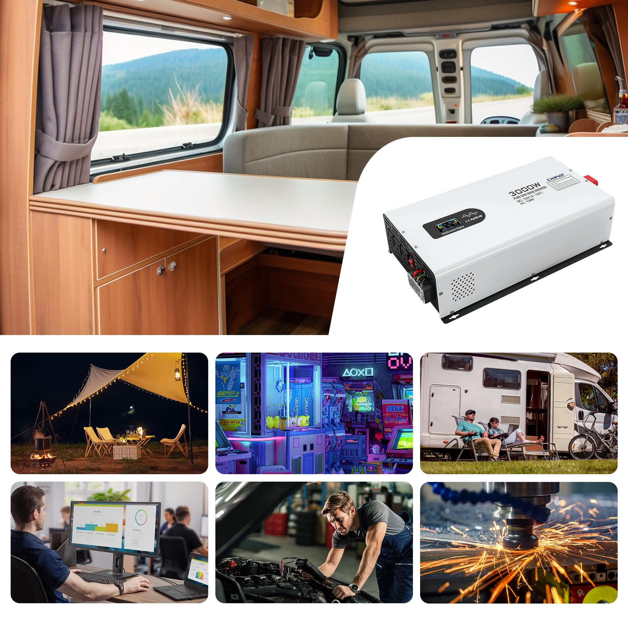 3000W Pure Sine Wave Power Inverter 12V DC to 120V AC with LCD Display & Remote - Car, RV, Truck, Home, Camping, Travel - USB Port for Charging Devices on the Go