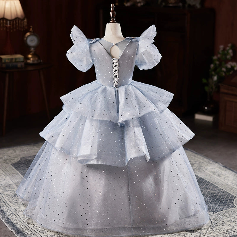 Dusty Blue Organza Flower Girl Dress - Princess Round Floor Length for Weddings & Special Occasions