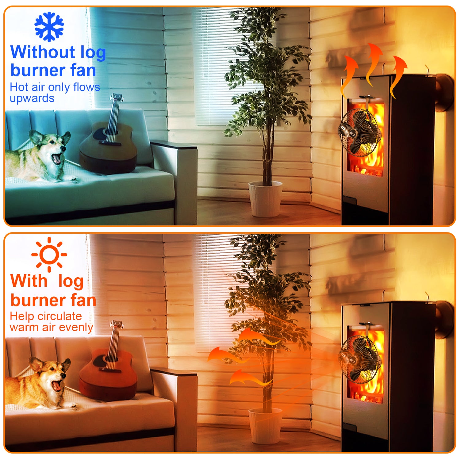 VODA Hanging Wood Stove Fan with Protective Shell - Efficient Heat Distribution for Fireplace, Cabin, and Camping Use