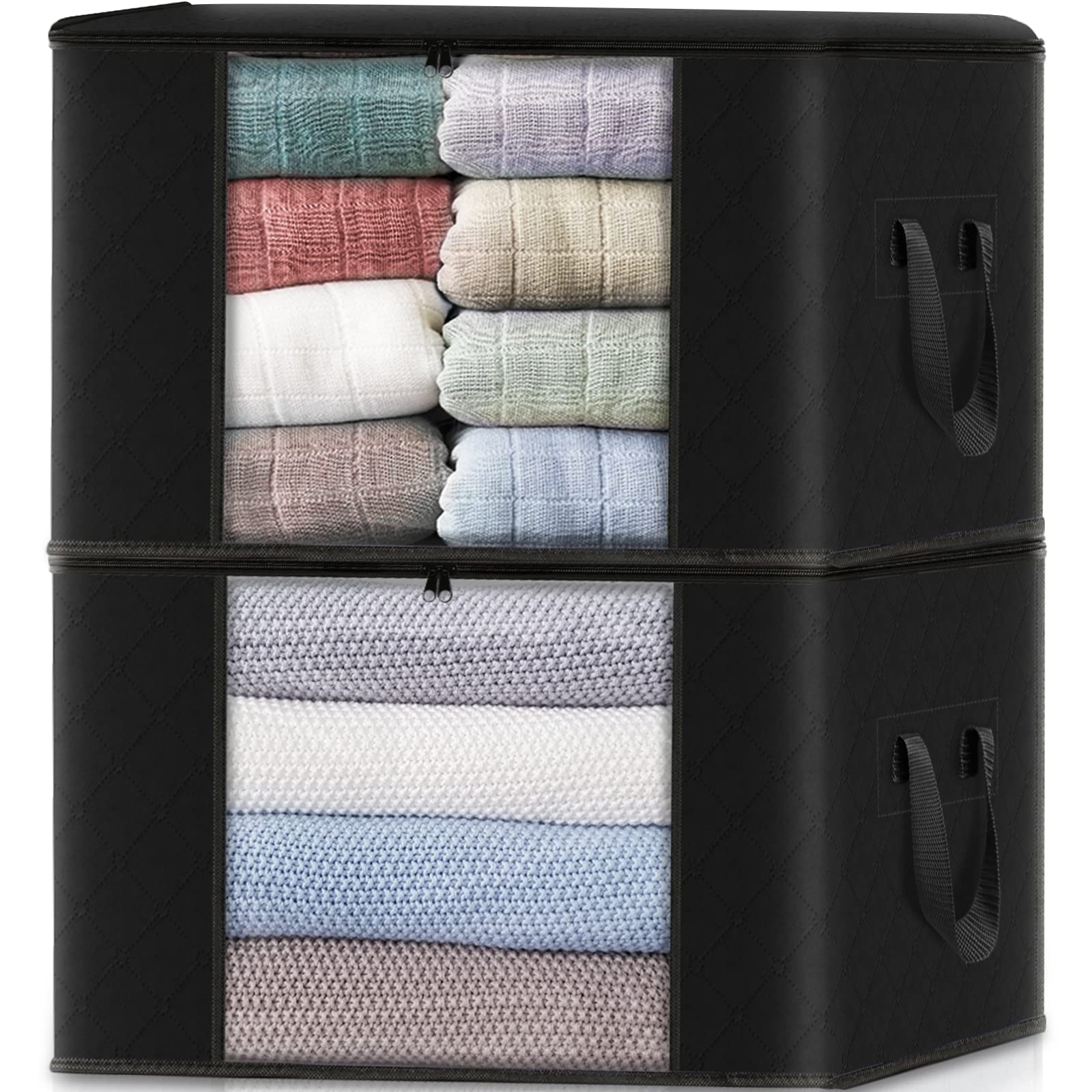 Foldable Blanket Storage Bags 2-Pack - Space Saving Clothes Organizer for Bedroom, Closet & Dorm - Perfect for Comforters, Sweaters, Quilts & Seasonal Clothing Storage - Compact & Durable Fabric Storage Containers for Home Organization