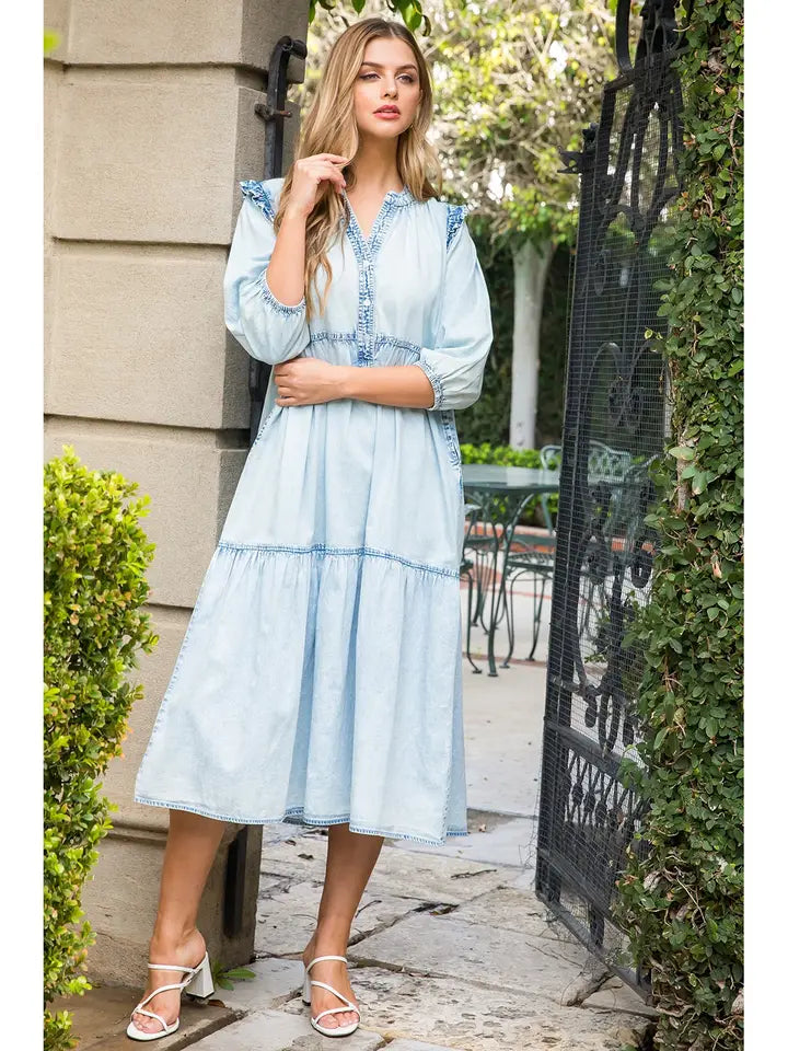 Stylish Denim Midi Dress for Women - Casual & Chic Summer Outfit - On Sale $54.40 - Perfect for Brunch Dates, Shopping Trips & Beach Vacations