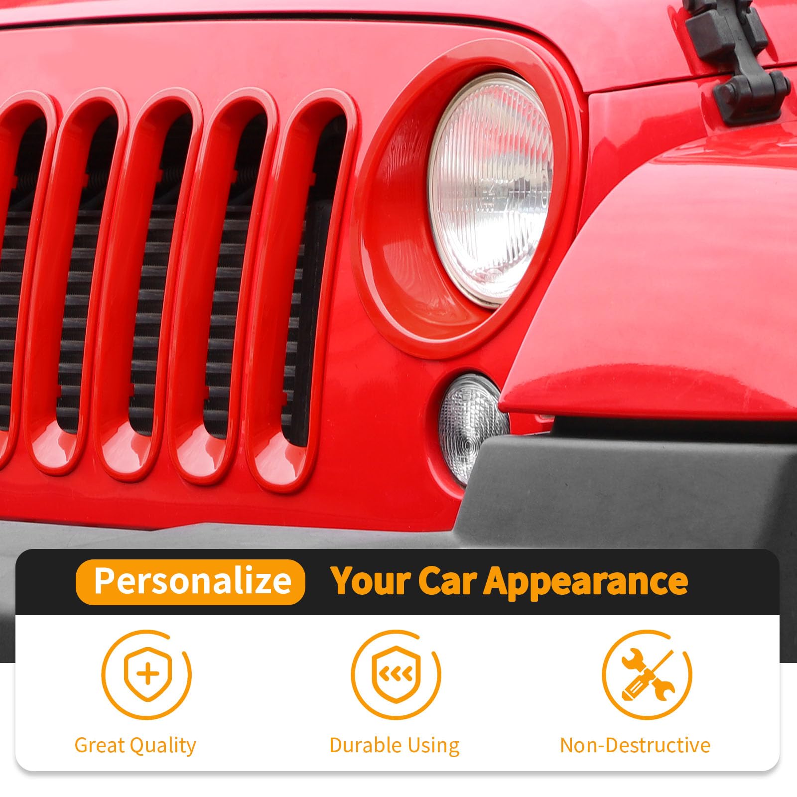 Hoolcar Front Grille Insert Cover & Headlight Bezel Cover Trim for Jeep Wrangler JK JKU 2007-2017 - Red Exterior Accessories - Upgrade Your Jeep's Style for Off-Road Adventures & Daily Driving
