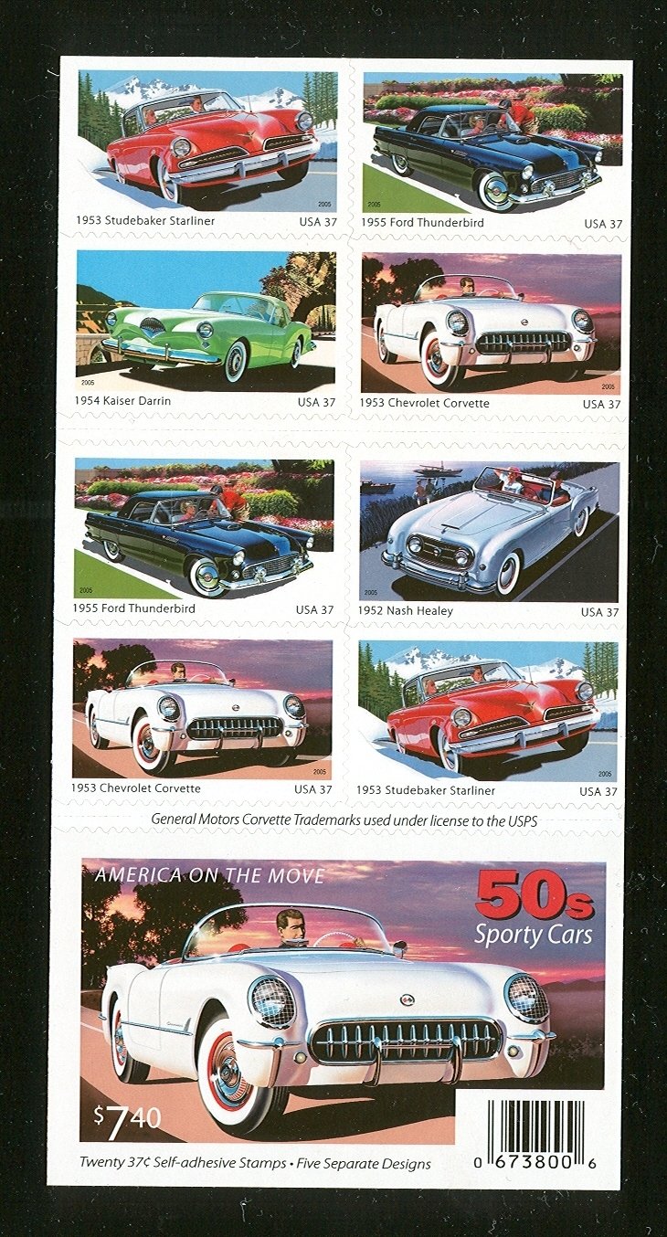 Vintage 1950s Sporty Cars Collection - Book of 20 Classic 37¢ US Postage Stamps for Collectors, Gifts & Philatelic Enthusiasts