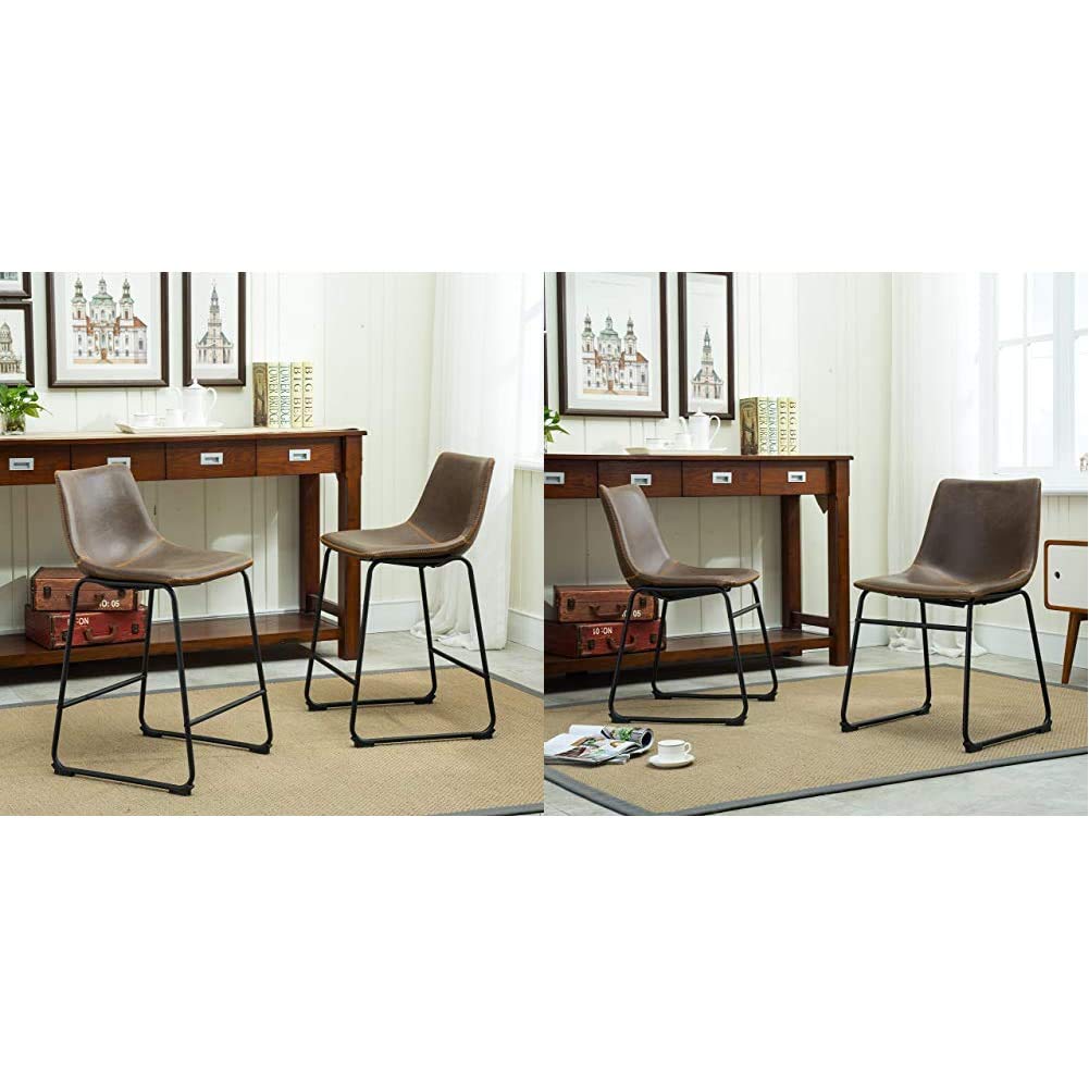 Vintage PU Leather Counter Height Bar Stools and Dining Chairs Set of 4 - Antique Brown Retro Kitchen Furniture for Breakfast Nook, Diner & Home Decor