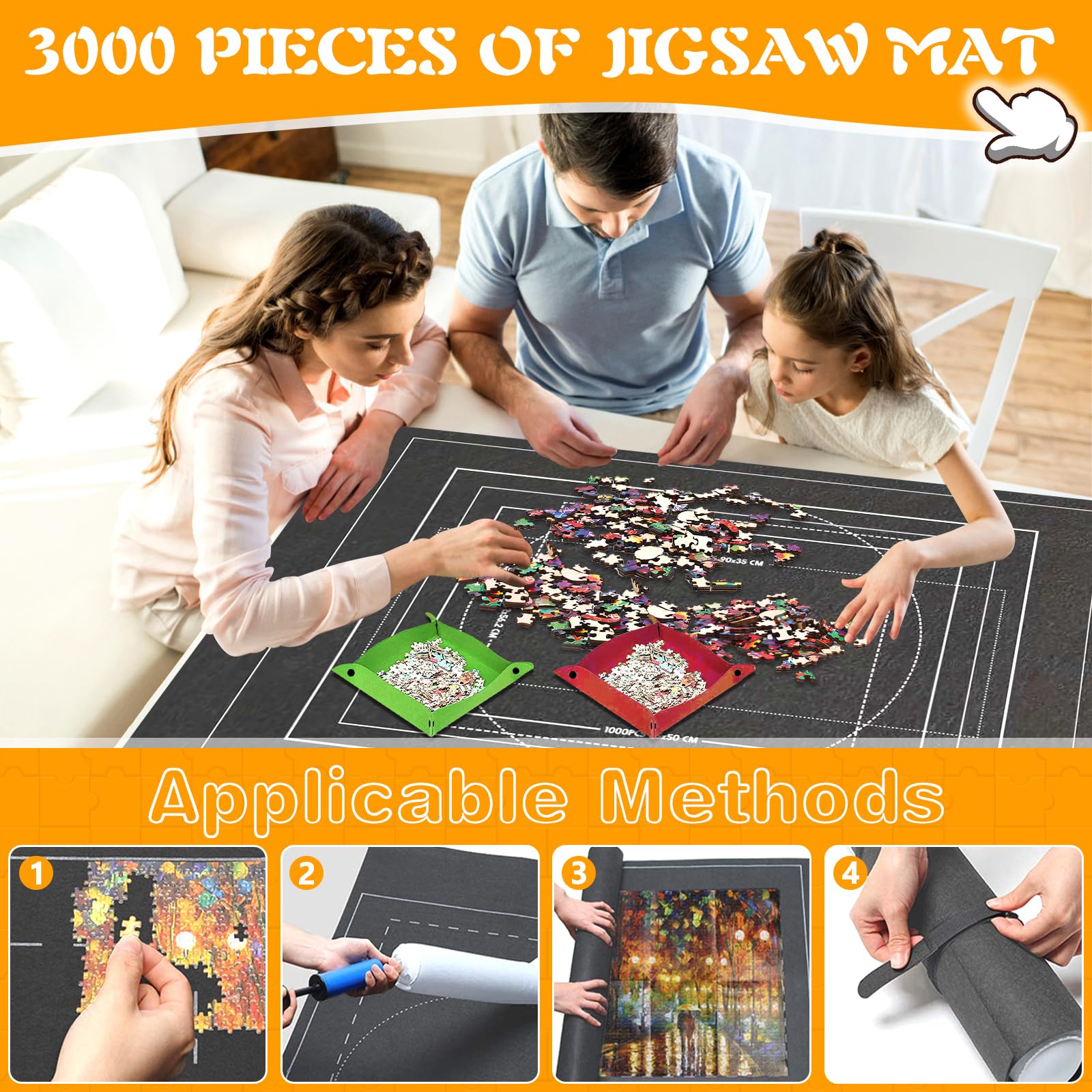Premium Puzzle Roll Up Mat for 1000-3000 Piece Puzzles - Non-Slip Felt Puzzle Storage Mat with 6 Sorting Trays - Portable & Foldable Puzzle Saver - Perfect for Home, Travel & Puzzle Enthusiasts (Gray)