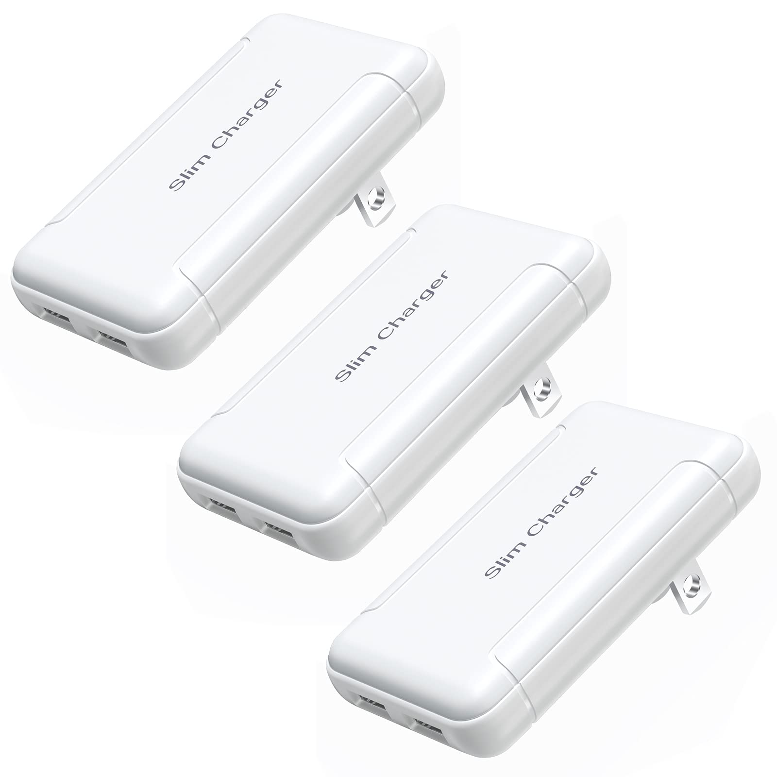 OKRAY 3-Pack Ultra Slim USB Wall Charger with Dual Ports - 5V/3A Fast Charging Adapter for iPhone 14/13/12/11/XR/XS, iPad, Samsung Galaxy S23/A35, Nintendo Switch - Foldable Plug & Compact Design for Travel, Home & Office Use