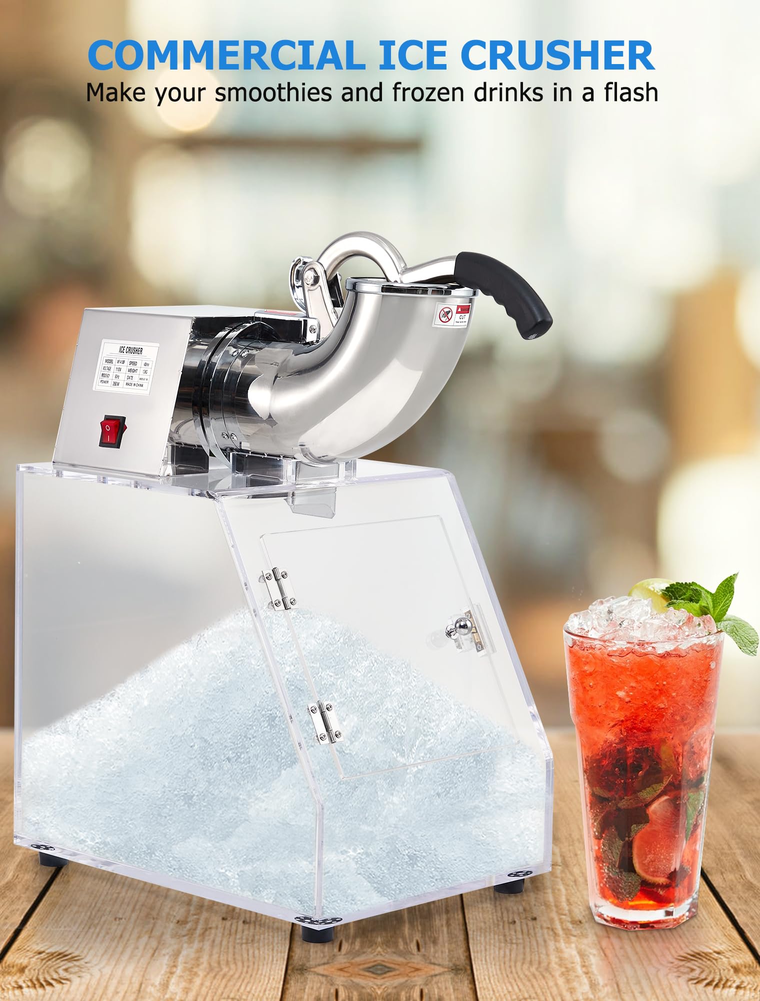 350W Commercial Ice Crusher Machine with Acrylic Case & Stainless Steel Dual Blades - Heavy Duty Safety Switch for Home Bars, Restaurants, and Smoothie Shops - Perfect for Cocktails, Slushies, and Frozen Drinks