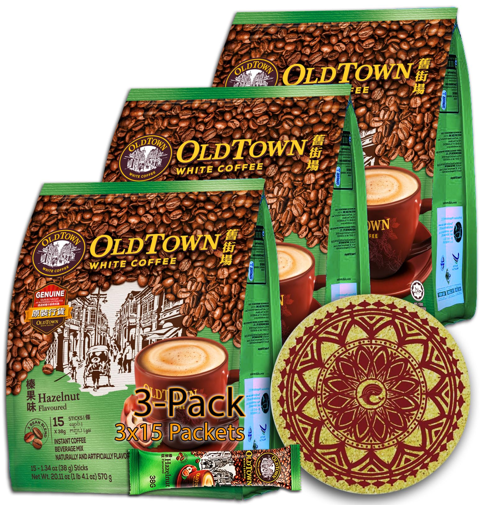 3 Pack - Old Town Hazelnut White Coffee (45 Packets) | 3-in-1 Asian Instant Coffee with Eco-Friendly Cork Coaster | Perfect for Home, Office & Gifts | Coffee Lover Package
