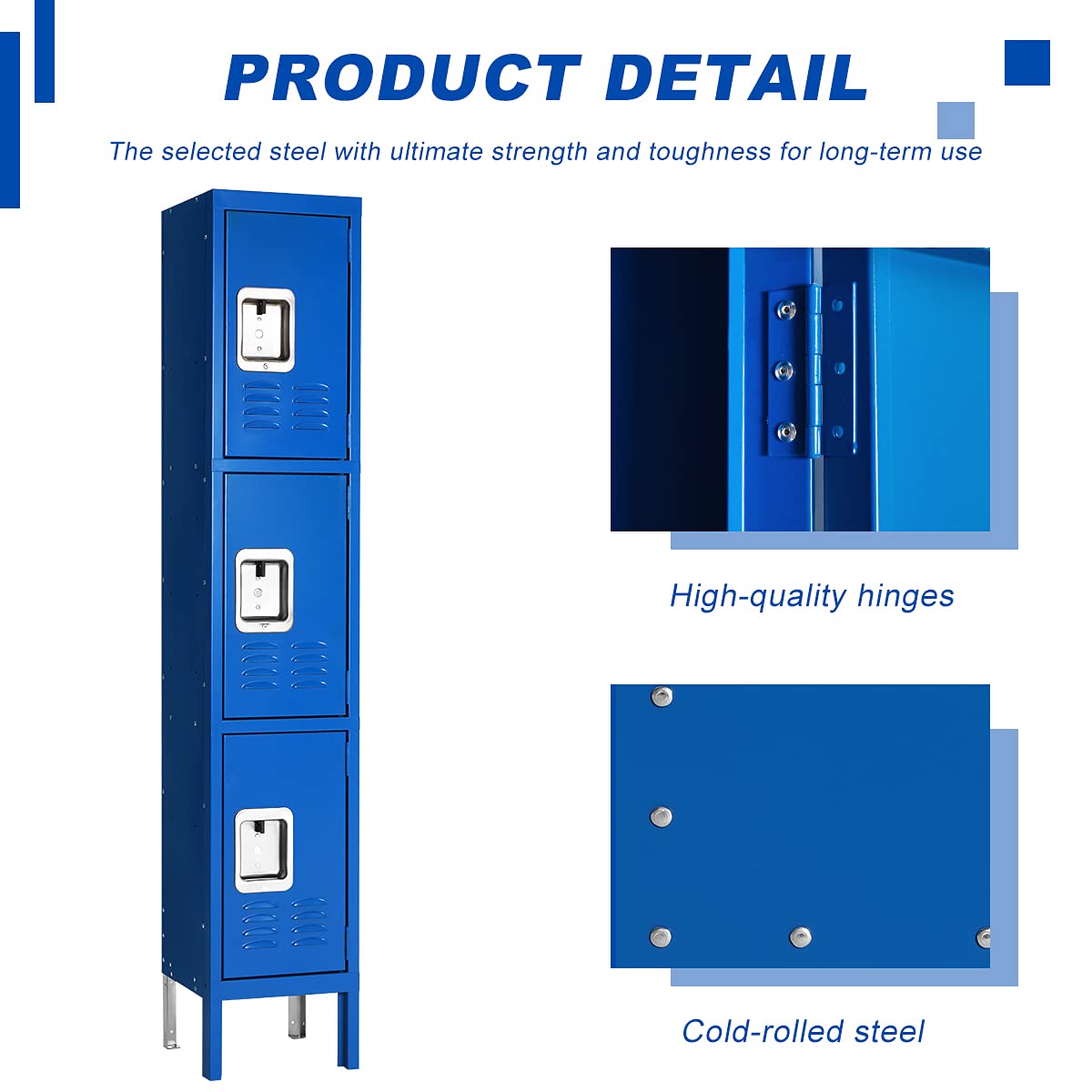 3-Tier Steel Metal Locker for Employees - Office Storage Lockers with 3 Doors, Blue | School Gym, Home & Office Organization Solution