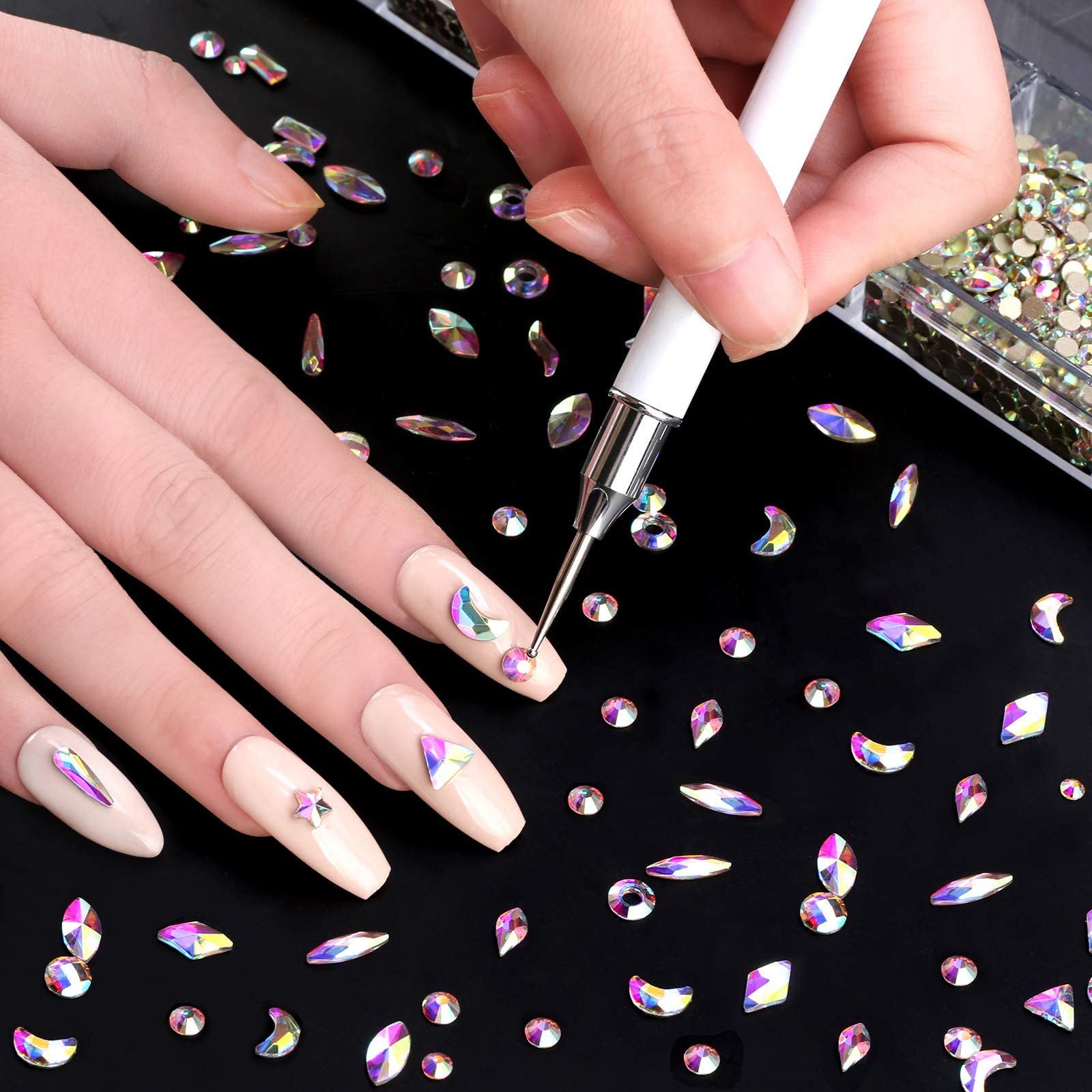 VERONNI Professional AB Crystal Rhinestones for Nail Art - Multi Shape Glass Gems with Wax Pen, Mix Sizes Nail Decorations in Storage Box | Perfect for DIY Manicure, Nail Salon, Wedding & Party Nail Designs
