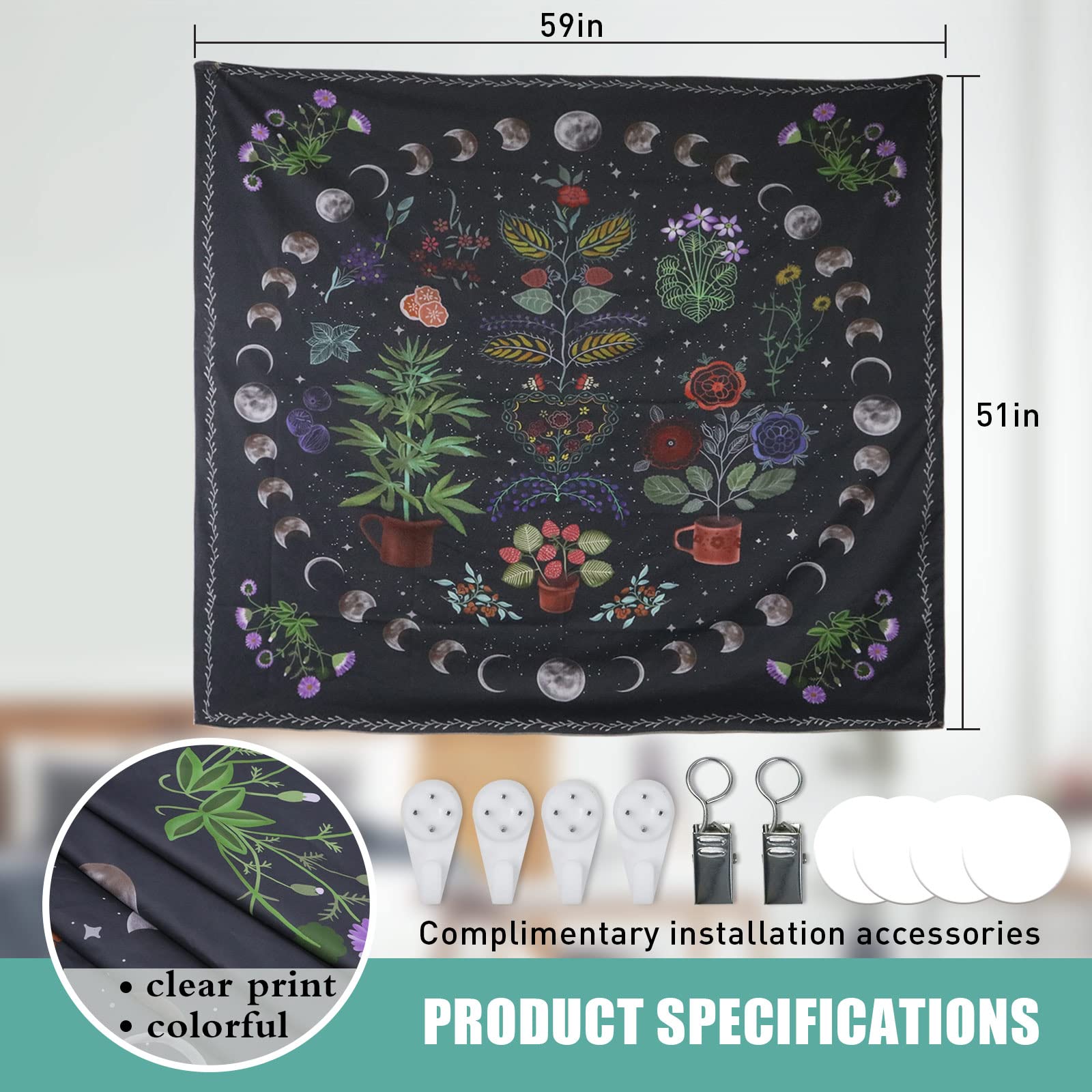 LINICE Moon Phase Plant Tapestry Wall Hanging - Bohemian Mandala Nature Decor for Bedroom, Home & Dorm - Perfect for Boho Aesthetic Room Decor, Meditation Space & Hippie Themed Parties
