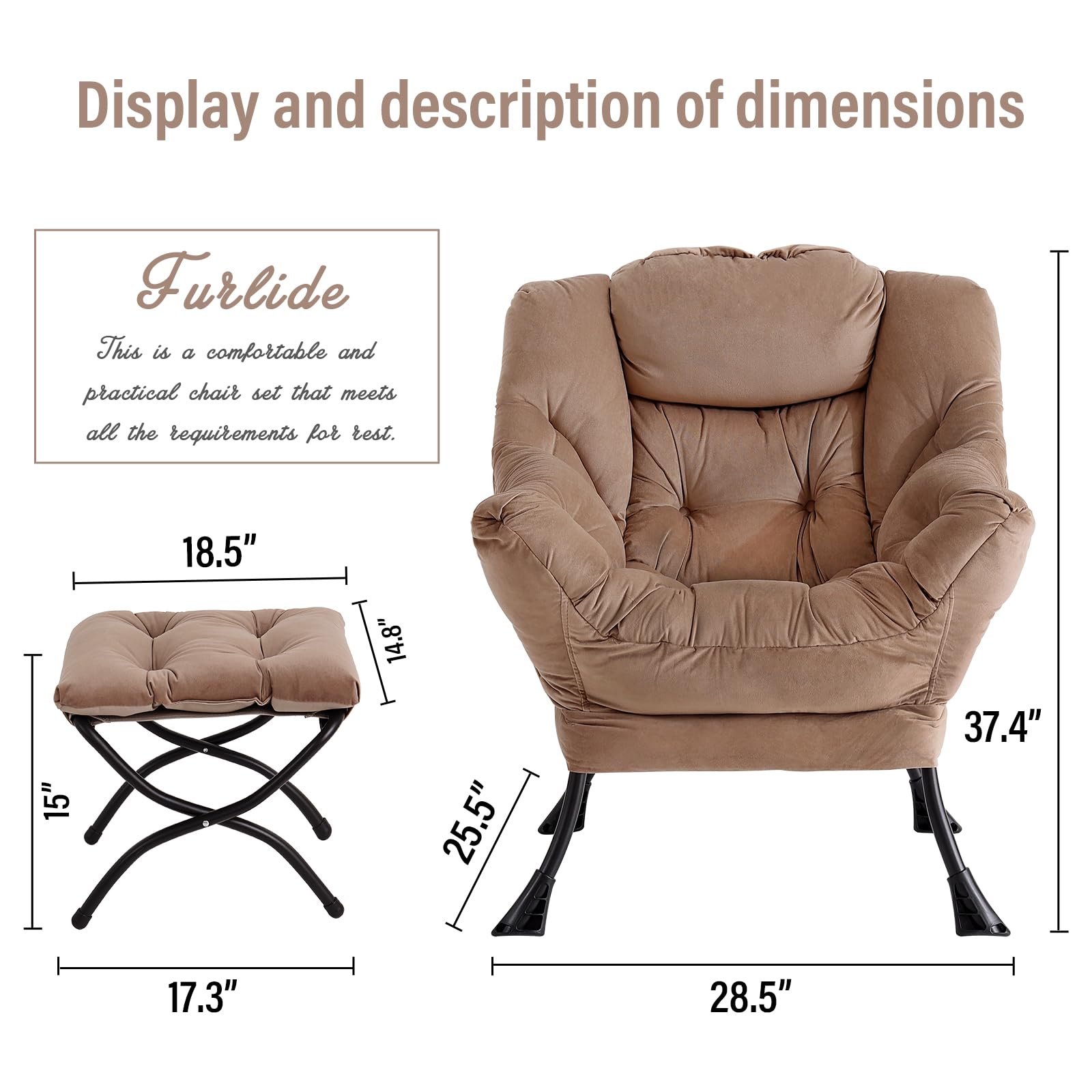 Modern Lazy Chair with Ottoman - Folding Footrest Lounge Accent Chair for Bedroom, Living Room & Study - Oversized Comfortable Reading Armchair - Perfect for Relaxing, Napping & Courtyard Lounging (Khaki)