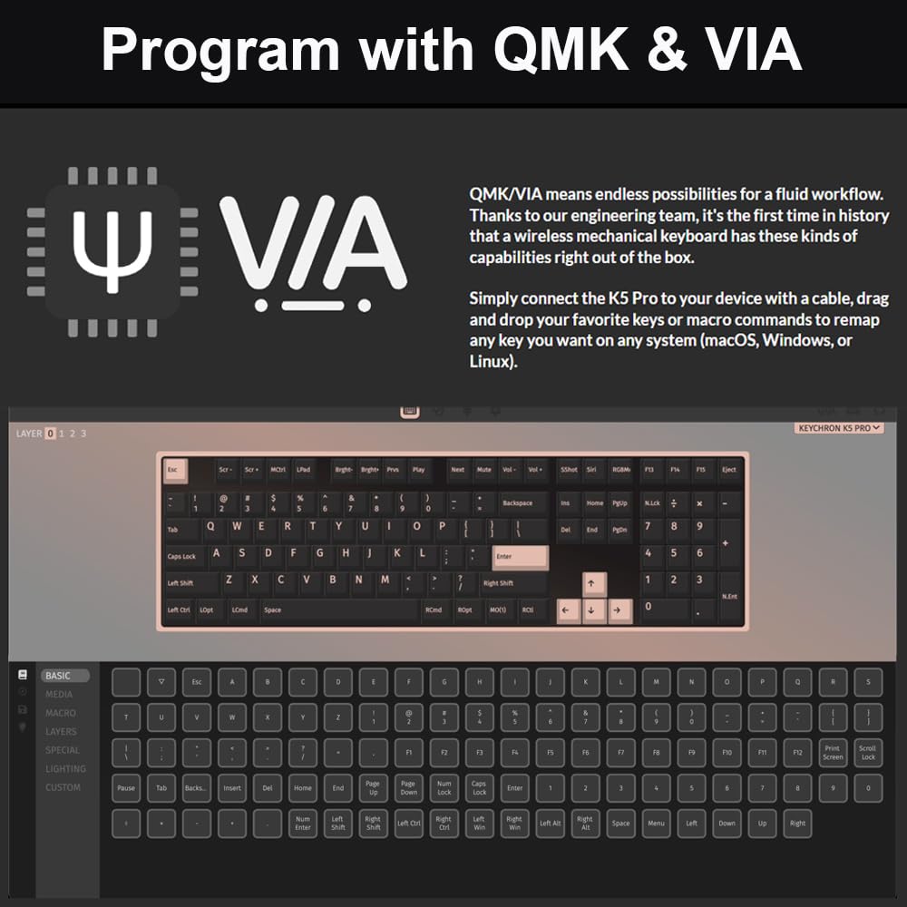 Keychron K5 Pro Wireless Mechanical Keyboard - 100% Full Size 108 Keys, QMK/VIA Programmable, Ultra-Slim RGB Backlit, Low Profile Gateron Brown Switches, Bluetooth/Wired for Mac/Windows/Linux - Perfect for Office, Gaming & Programming