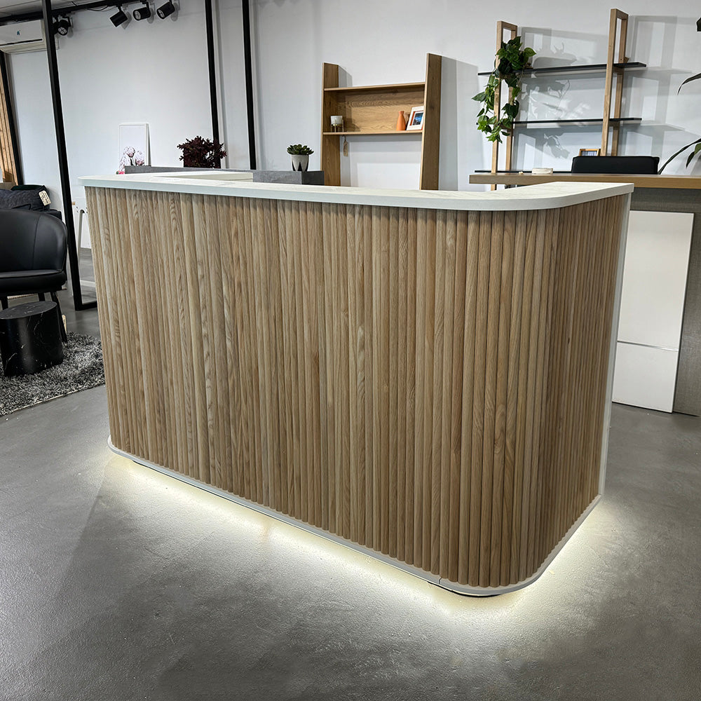 Premium HALO 180cm Reception Desk - Solid Oak & White Finish - Perfect for Office, Hotel, and Corporate Lobby Reception Areas