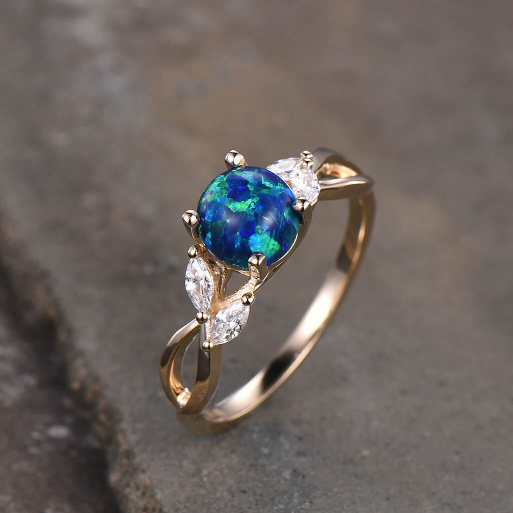 14K/18K Rose Gold Black Blue Opal Moissanite Engagement Ring - Art Deco Style for Wedding, Proposal & Anniversary Gifts