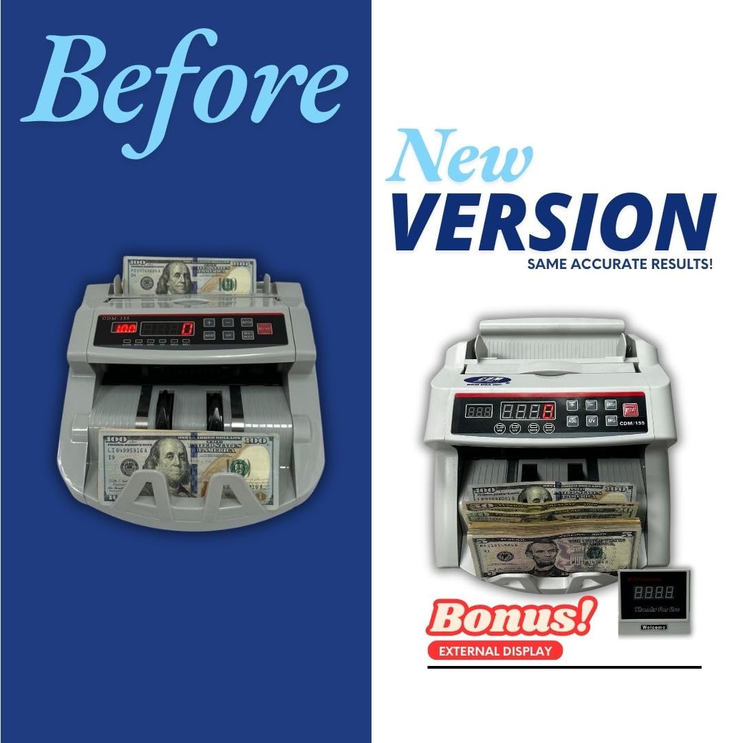 CDM-155 Advanced Bill Counter Machine with UV/MG/DD/DBL/HLF/CHN Counterfeit Detection - Add & Batch Modes - High Speed Money Counting for Banks, Retail Stores & Cash Offices | Fast & Accurate Currency Counter for USD Bills