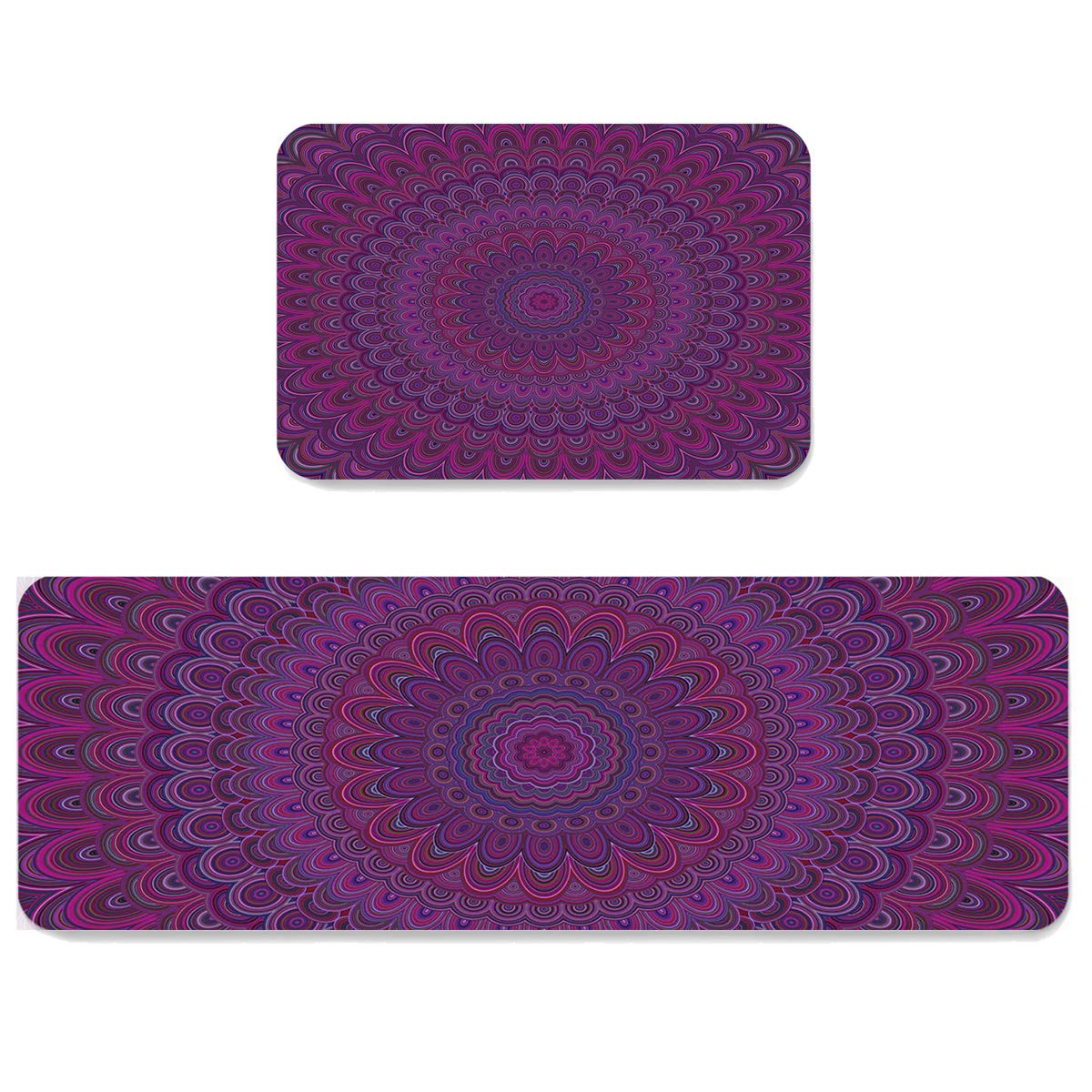 HELLOWINK Vintage Flower Purple Anti-Fatigue Kitchen Mat Set of 2, Non-Slip Boho Mandala Lavender Rug for Sink, Laundry, Home Office, and Floor Decor