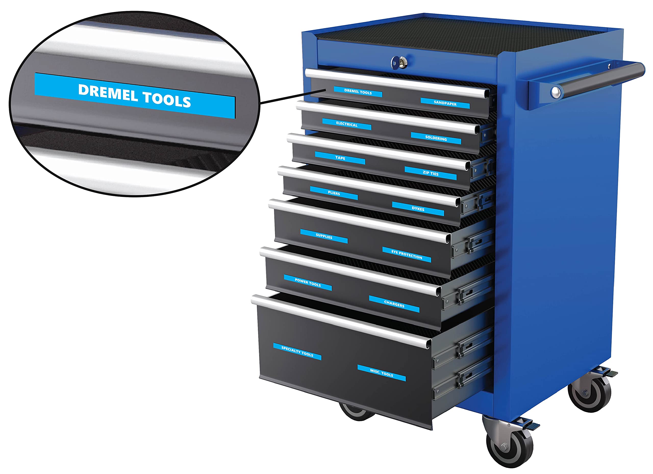 66-Piece Magnetic Tool Labels Set - Bold, Durable & Easy-to-Read Tool Organization Magnets for Workshop & Garage (0.5”H x 4.5”W, Cyan) by DCM Solutions - Perfect for Toolbox, Pegboard & Metal Cabinets Organization