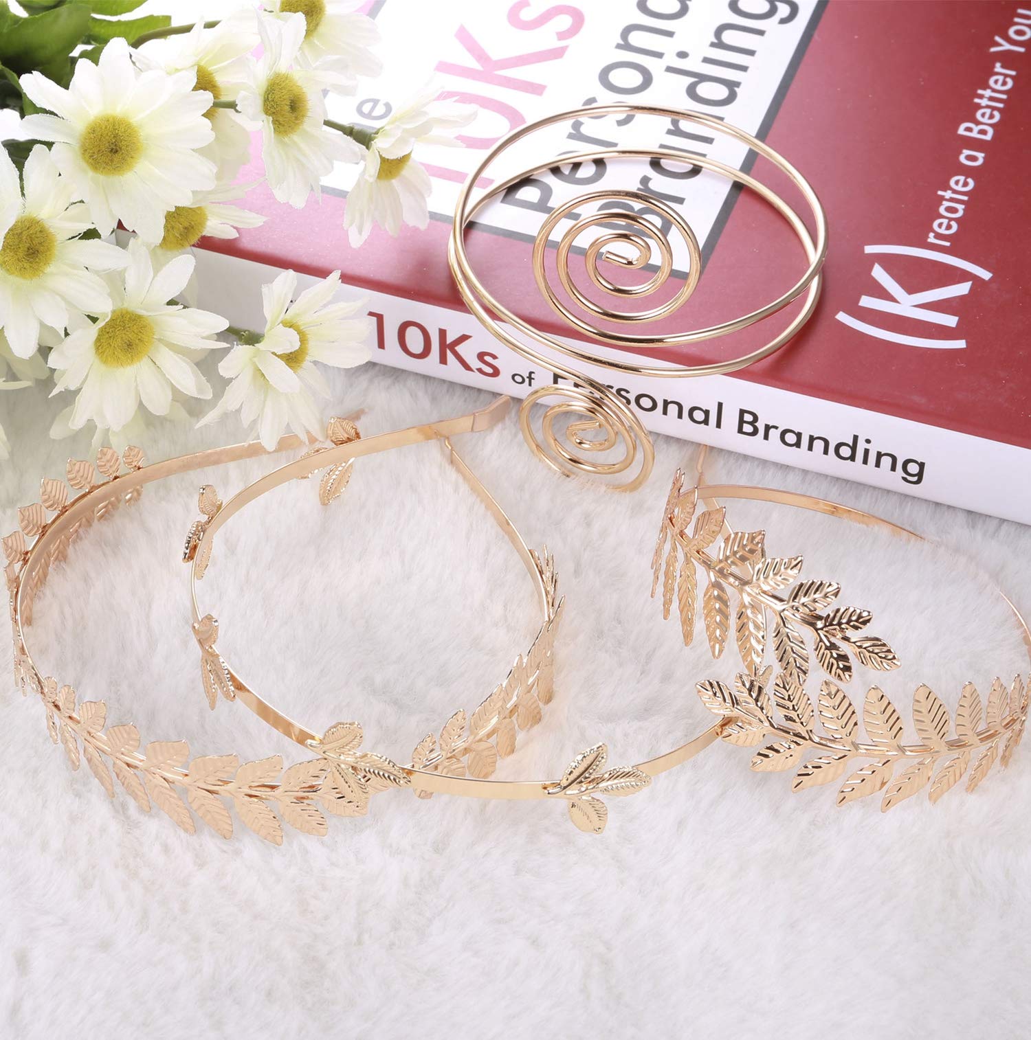 Finrezio 4PCS Greek Goddess Headband & Arm Cuff Set - Roman Laurel Leaf Crown & Adjustable Armlet Bracelet for Bridal, Wedding, Cosplay & Costume Parties