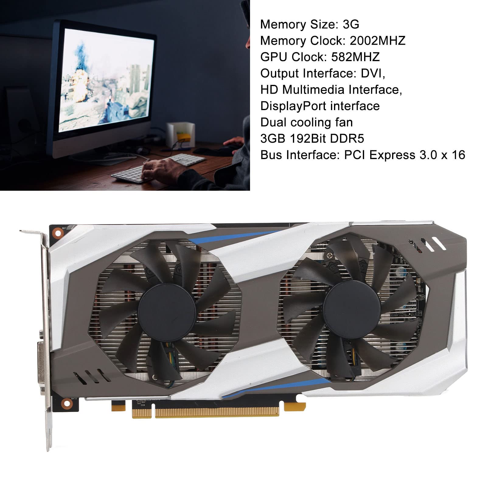 NVIDIA GTX 1060 3GB GDDR5 192-bit Gaming Graphics Card with Dual Fans - 582MHz Base Clock, 2002MHz Boost Clock, PCIe 3.0 x16 - High Performance Desktop GPU for PC Gaming, VR, Video Editing & Streaming (GTX1060 3GB)