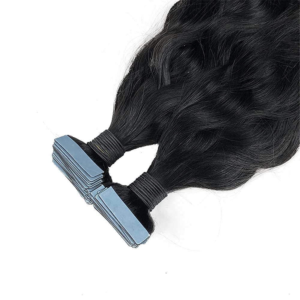 30 Inch Long Natural Wavy Human Hair Extensions - Brazilian Remy Skin Weft Tape in Hair with Adhesive - 100g 40pcs (Natural Black, 30inch 40pcs, Darkest Brown) - Perfect for Adding Volume, Length & Styling Versatility for Parties, Weddings & Daily Wear