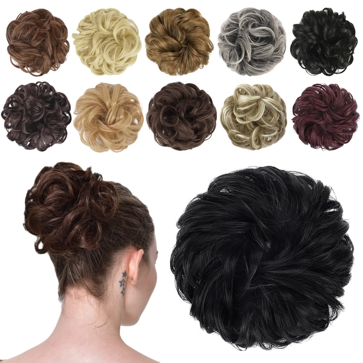 FESHFEN Wavy Curly Messy Hair Bun Extensions - Donut Hair Chignon, Wig Scrunchy, Ponytail Hairpiece - Perfect for Updos, Parties & Everyday Styling (Jet Black)