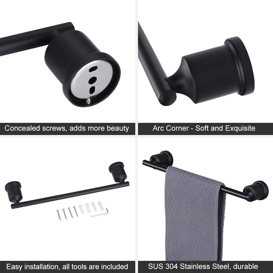 24 Inch Black Towel Bar - 304 Stainless Steel Heavy Duty Wall Mounted Bathroom Towel Rack Holder - Rustproof & Durable for Bathroom, Kitchen, Spa (Perfect for Modern Homes & Luxury Hotels)