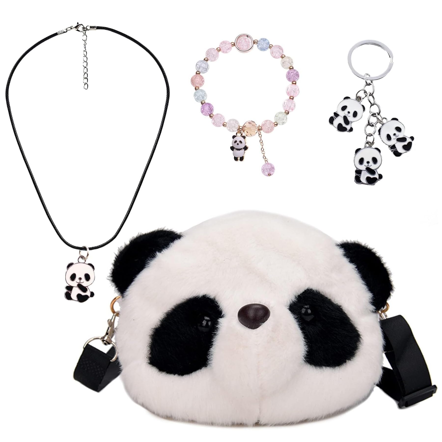Panda Purse & Accessories Set for Women - Stylish Crossbody Bag, Cute Bracelet, Fashion Keychains, Trendy Necklace | Perfect for Daily Use, Travel, Gift Giving and Special Occasions