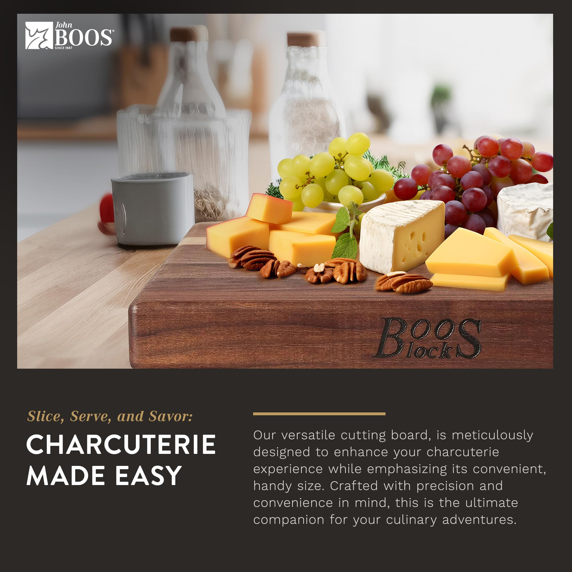 John Boos B Series 12x12 Inch Walnut Wood Cutting Board with Feet - Premium Square Kitchen Chopping Block for Meat, Vegetables & Fruits - Ideal for Home Cooks & Professional Chefs
