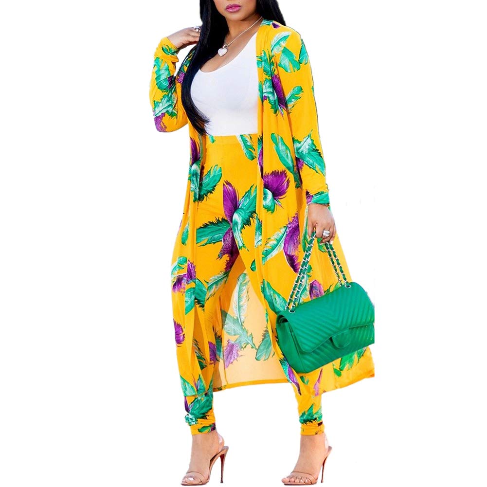 Women's Printed Long Cardigan 2-Piece Outfit Set with Long Sleeve Coat & Trousers | Stylish Fall/Winter Fashion for Work, Travel & Casual Wear