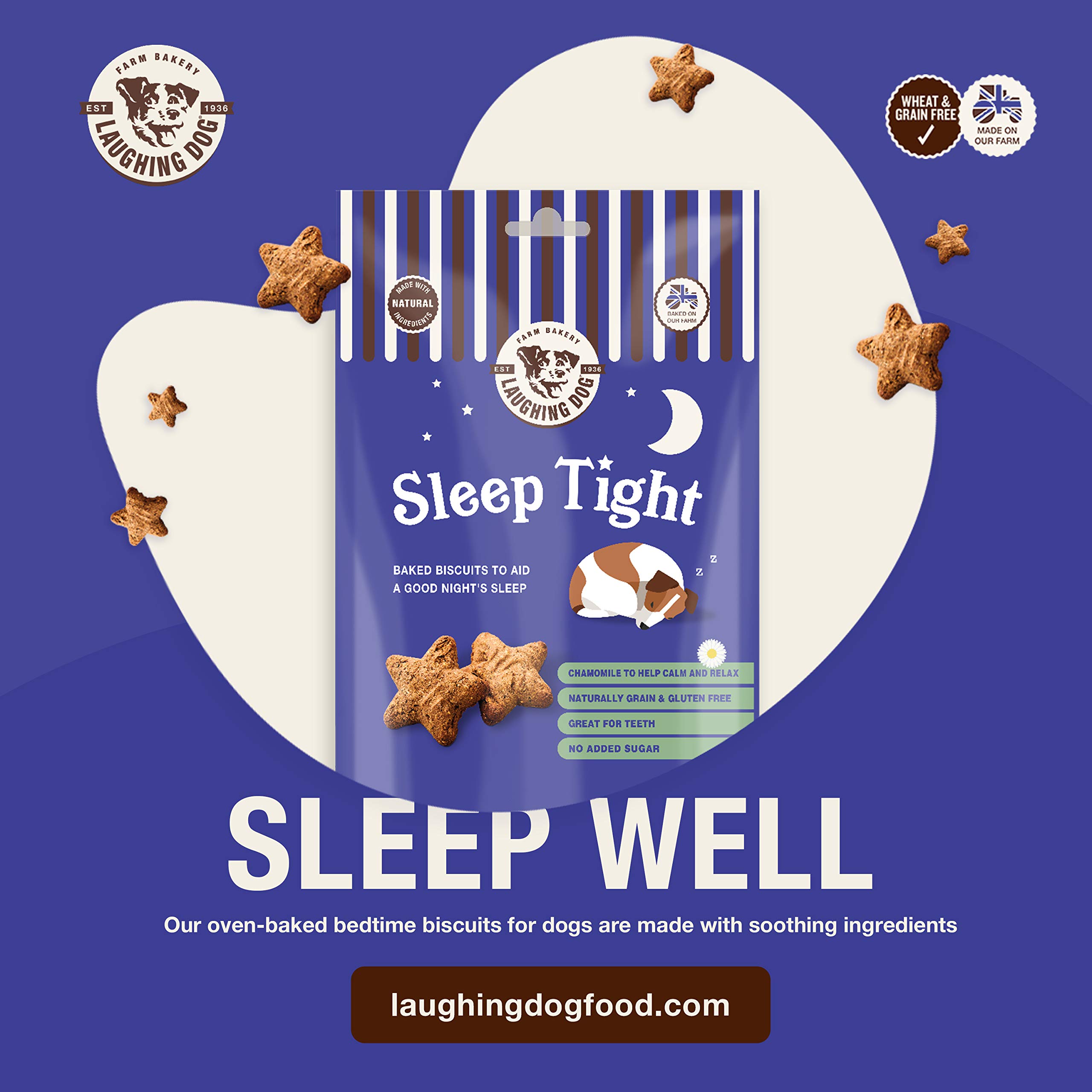 Laughing Dog Sleep Tight Naturally Grain Free Oven-Baked Dog Treats - Gluten Free, No Added Sugar, Healthy Snacks for Dogs - Purple, 125g - Perfect for Training Rewards & Bedtime Relaxation