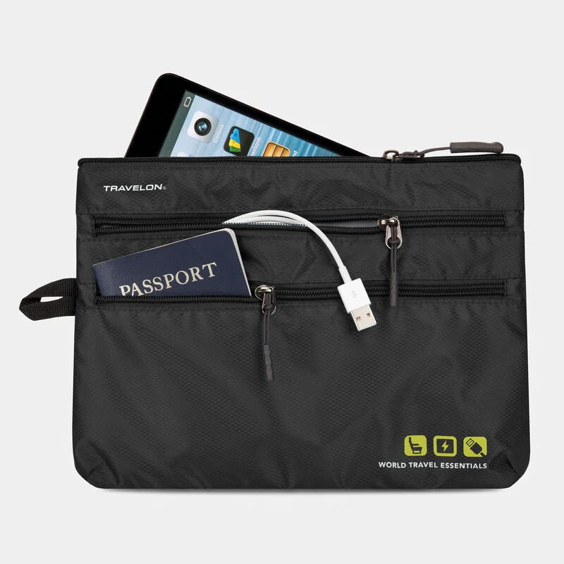 Travelon World Travel Essentials Seat Pack Organizer - Compact Car Organizer for Road Trips, Airplane & Commuting - Perfect for Phones, Wallets & Travel Accessories