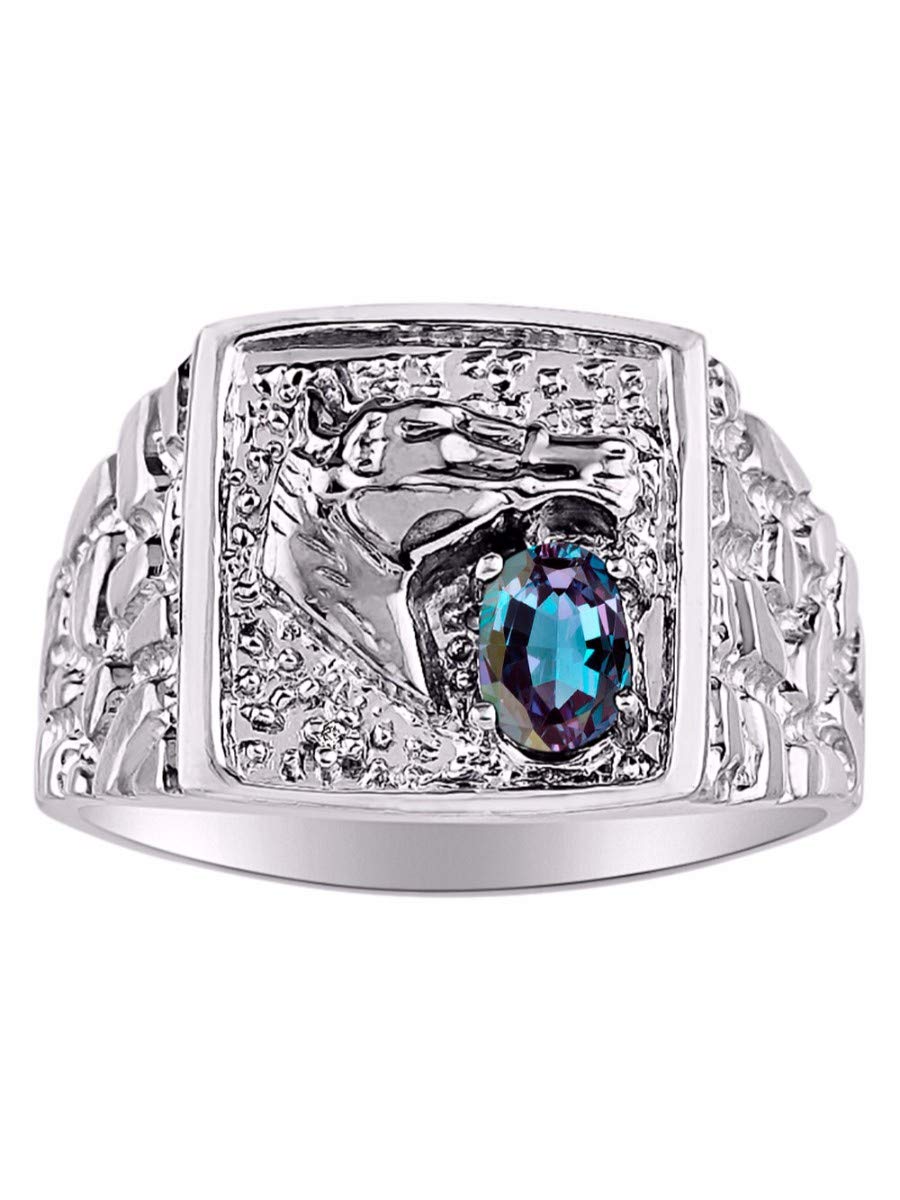 Men's Sterling Silver Lucky Nugget Horse Head Ring with 6x4mm Oval Alexandrite Gemstone & Genuine Diamond - June Birthstone Ring for Men (Sizes 8-13) | Perfect Gift for Anniversary, Birthday & Special Occasions