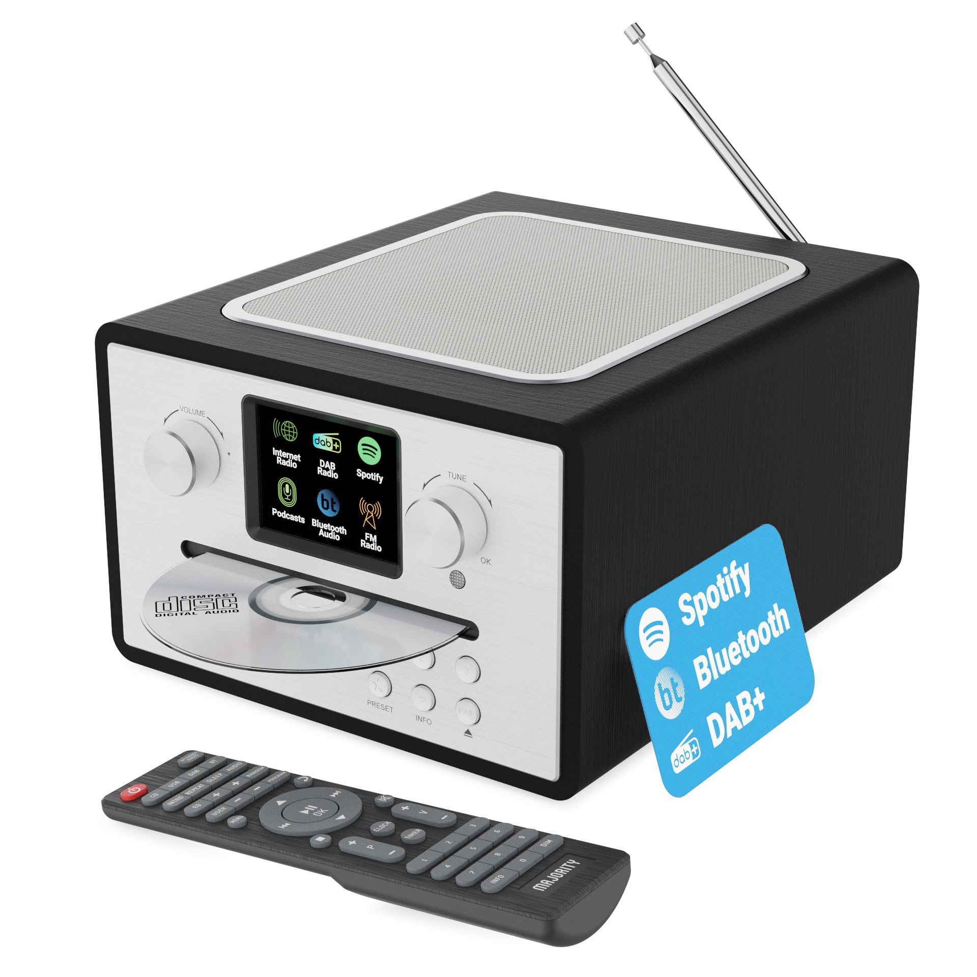 Majority Homerton Internet Radio CD Player with DAB+/FM, Bluetooth & Spotify Connect - Digital Alarm Clock with 90 Presets, Custom EQ & LED Display - Perfect for Bedroom, Kitchen & Office Use