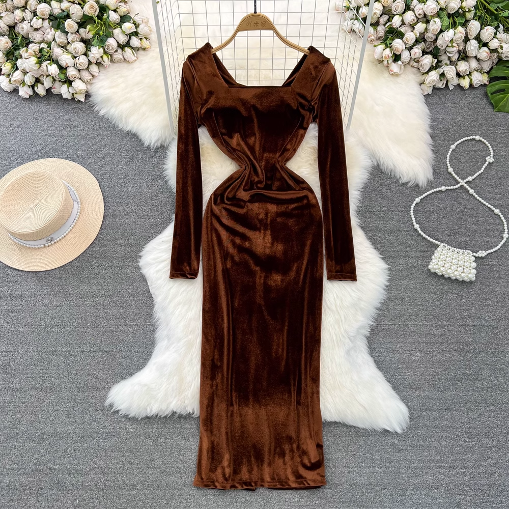 Women's Autumn Winter Long Sleeve Square Neck Velvet Midi Dress 1361 | Elegant Fall & Winter Formal Wear for Parties, Weddings & Holiday Events