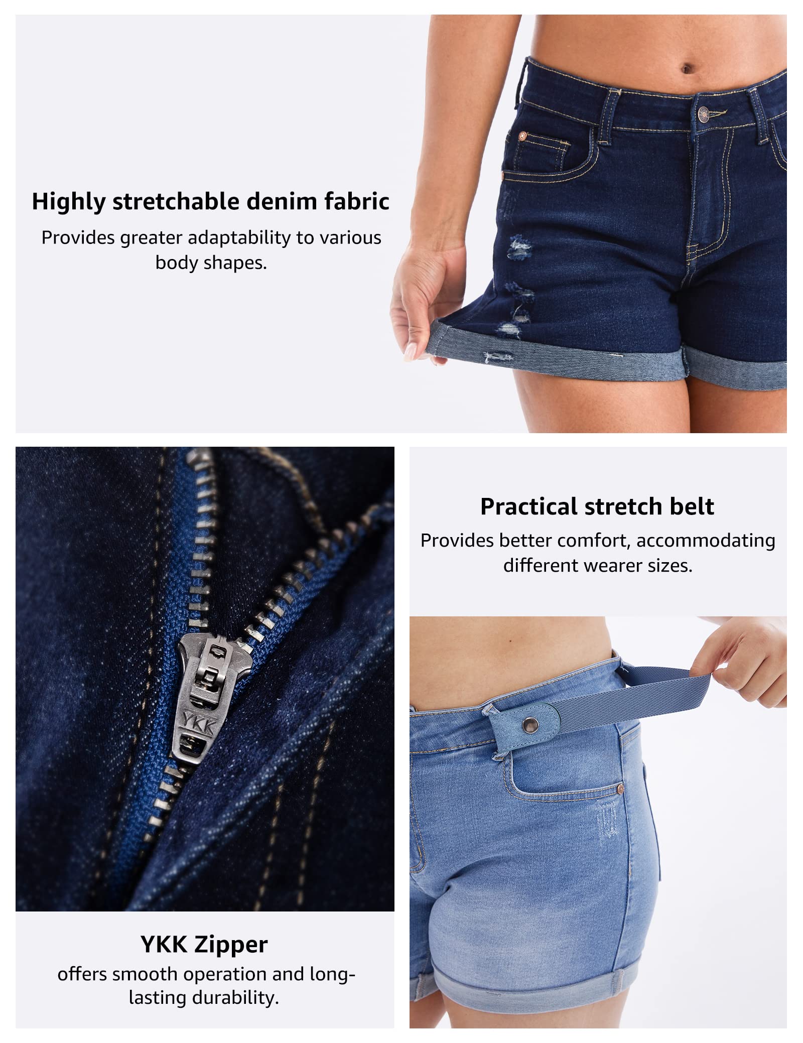 HOFISH Women's Stretchy Denim Shorts - Mid Waist Casual Jean Shorts with Fold Hem | Perfect for Summer Outfits, Beach Vacations & Casual Wear