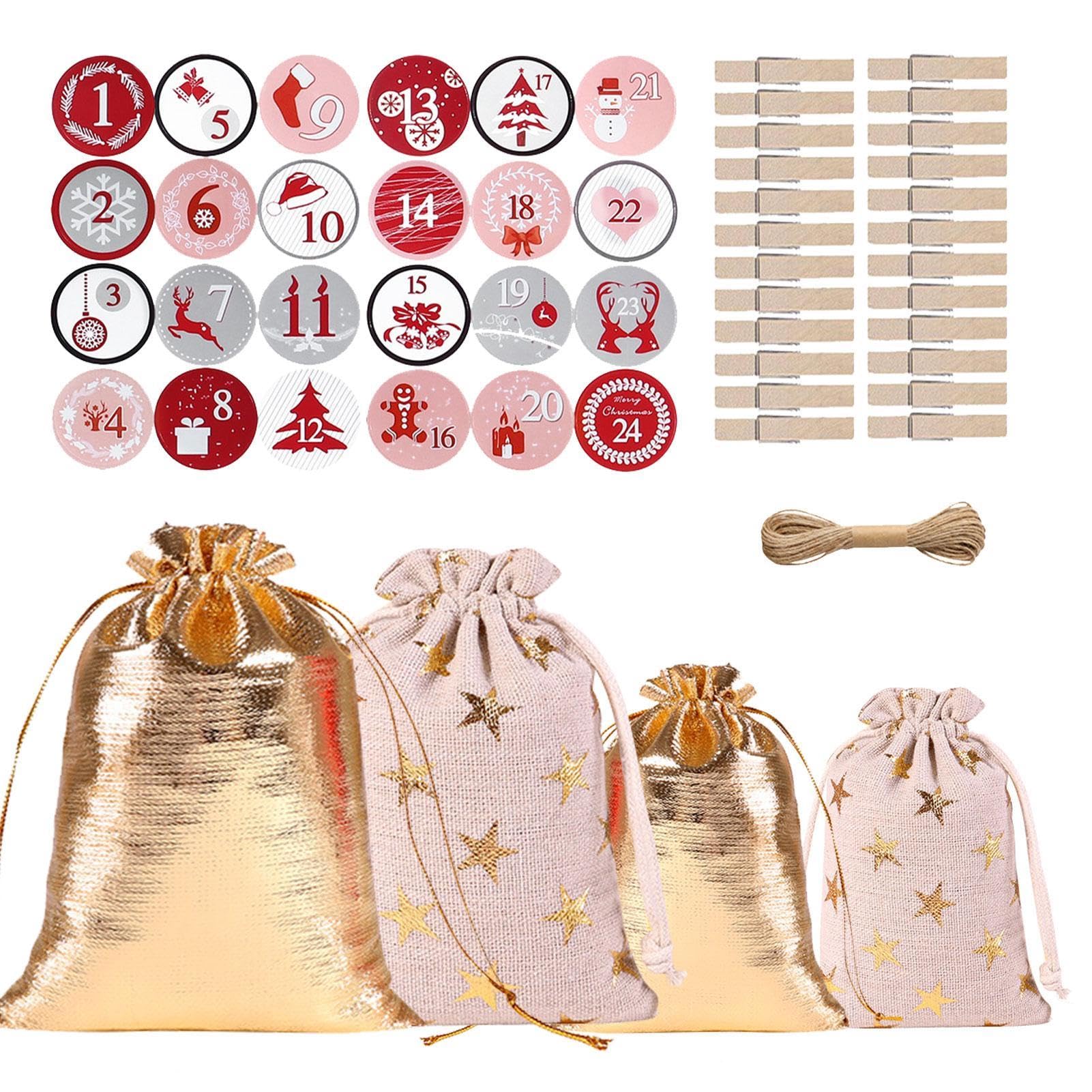 24 Countdown Advent Calendar Bags for Christmas - 24-Piece Set with Drawstring, Holiday Gift Bags for Kids & Adults - Perfect for Christmas Countdown, Party Favors, Stocking Stuffers & Festive Decorations