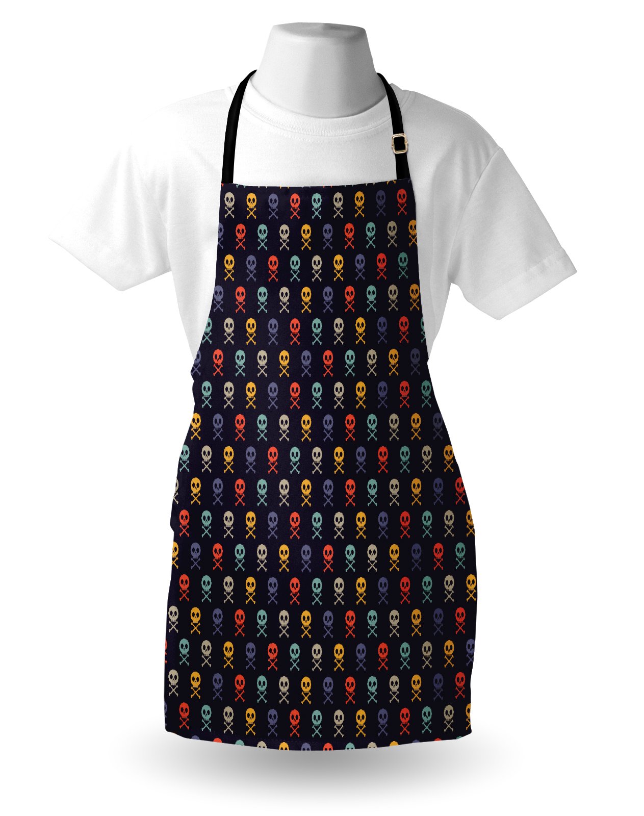 Ambesonne Pixel Art Apron - Skull & Bones Pirate Design Kitchen Apron for Cooking, Baking, Grilling - Adjustable Neck Bib Apron for Men & Women - Perfect for BBQ, Gardening, Halloween Costume