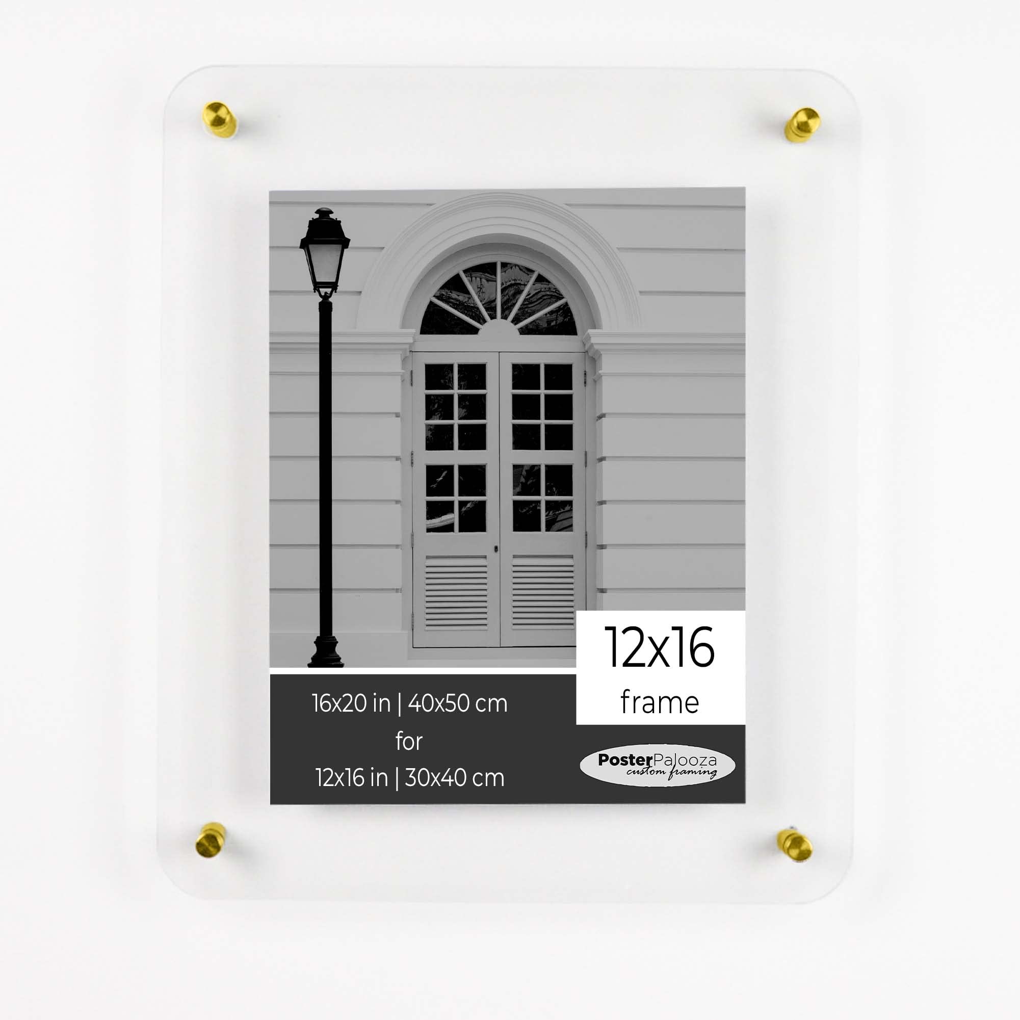 12x16 Floating Acrylic Picture Frame with Gold Standoff Hardware - Clear Frameless Wall Mount Display for 16x20 Inch Photos - Perfect for Home Decor, Office Art & Gallery Style Presentations